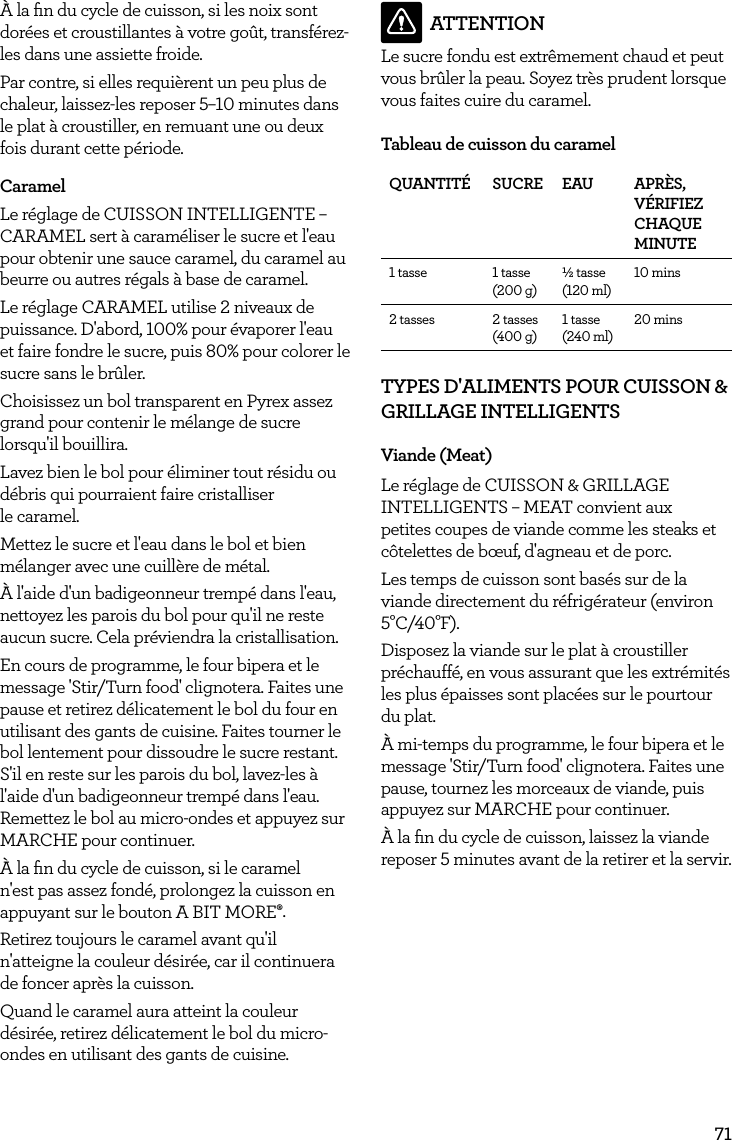 71&Agrave; la ﬁn du cycle de cuisson, si les noix sont dor&eacute;es et croustillantes &agrave; votre go&ucirc;t, transf&eacute;rez-les dans une assiette froide.Par contre, si elles requi&egrave;rent un peu plus de chaleur, laissez-les reposer 5&ndash;10 minutes dans le plat &agrave; croustiller, en remuant une ou deux fois durant cette p&eacute;riode. CaramelLe r&eacute;glage de CUISSON INTELLIGENTE &ndash; CARAMEL sert &agrave; caram&eacute;liser le sucre et l'eau pour obtenir une sauce caramel, du caramel au beurre ou autres r&eacute;gals &agrave; base de caramel. Le r&eacute;glage CARAMEL utilise 2 niveaux de puissance. D'abord, 100% pour &eacute;vaporer l'eau et faire fondre le sucre, puis 80% pour colorer le sucre sans le br&ucirc;ler.Choisissez un bol transparent en Pyrex assez grand pour contenir le m&eacute;lange de sucre lorsqu'il bouillira.Lavez bien le bol pour &eacute;liminer tout r&eacute;sidu ou d&eacute;bris qui pourraient faire cristalliser  le caramel.Mettez le sucre et l'eau dans le bol et bien m&eacute;langer avec une cuill&egrave;re de m&eacute;tal.&Agrave; l'aide d'un badigeonneur tremp&eacute; dans l'eau, nettoyez les parois du bol pour qu'il ne reste aucun sucre. Cela pr&eacute;viendra la cristallisation.En cours de programme, le four bipera et le message 'Stir/Turn food' clignotera. Faites une pause et retirez d&eacute;licatement le bol du four en utilisant des gants de cuisine. Faites tourner le bol lentement pour dissoudre le sucre restant. S'il en reste sur les parois du bol, lavez-les &agrave; l'aide d'un badigeonneur tremp&eacute; dans l'eau. Remettez le bol au micro-ondes et appuyez sur MARCHE pour continuer.&Agrave; la ﬁn du cycle de cuisson, si le caramel n'est pas assez fond&eacute;, prolongez la cuisson en appuyant sur le bouton A BIT MORE&permil;.Retirez toujours le caramel avant qu'il n'atteigne la couleur d&eacute;sir&eacute;e, car il continuera de foncer apr&egrave;s la cuisson.Quand le caramel aura atteint la couleur d&eacute;sir&eacute;e, retirez d&eacute;licatement le bol du micro-ondes en utilisant des gants de cuisine. ATTENTIONLe sucre fondu est extr&ecirc;mement chaud et peut vous br&ucirc;ler la peau. Soyez tr&egrave;s prudent lorsque vous faites cuire du caramel.Tableau de cuisson du caramelQUANTIT&Eacute; SUCRE EAU APR&Egrave;S, V&Eacute;RIFIEZ CHAQUE  MINUTE1 tasse 1 tasse  (200 g)&frac12; tasse (120 ml)10 mins2 tasses 2 tasses (400 g)1 tasse (240 ml)20 minsTYPES D'ALIMENTS POUR CUISSON &amp; GRILLAGE INTELLIGENTSViande (Meat)Le r&eacute;glage de CUISSON &amp; GRILLAGE INTELLIGENTS &ndash; MEAT convient aux petites coupes de viande comme les steaks et c&ocirc;telettes de b&oelig;uf, d'agneau et de porc. Les temps de cuisson sont bas&eacute;s sur de la viande directement du r&eacute;frig&eacute;rateur (environ 5&deg;C/40&deg;F).Disposez la viande sur le plat &agrave; croustiller pr&eacute;chauff&eacute;, en vous assurant que les extr&eacute;mit&eacute;s les plus &eacute;paisses sont plac&eacute;es sur le pourtour du plat.&Agrave; mi-temps du programme, le four bipera et le message 'Stir/Turn food' clignotera. Faites une pause, tournez les morceaux de viande, puis appuyez sur MARCHE pour continuer.&Agrave; la ﬁn du cycle de cuisson, laissez la viande reposer 5 minutes avant de la retirer et la servir.