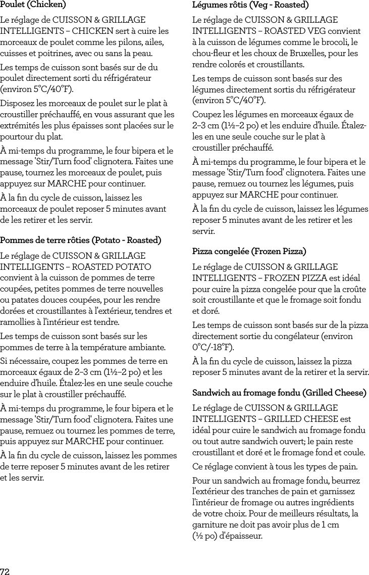 72Poulet (Chicken)Le r&eacute;glage de CUISSON &amp; GRILLAGE INTELLIGENTS &ndash; CHICKEN sert &agrave; cuire les morceaux de poulet comme les pilons, ailes, cuisses et poitrines, avec ou sans la peau.Les temps de cuisson sont bas&eacute;s sur de du poulet directement sorti du r&eacute;frig&eacute;rateur (environ 5&deg;C/40&deg;F).Disposez les morceaux de poulet sur le plat &agrave; croustiller pr&eacute;chauff&eacute;, en vous assurant que les extr&eacute;mit&eacute;s les plus &eacute;paisses sont plac&eacute;es sur le pourtour du plat.&Agrave; mi-temps du programme, le four bipera et le message 'Stir/Turn food' clignotera. Faites une pause, tournez les morceaux de poulet, puis appuyez sur MARCHE pour continuer.&Agrave; la ﬁn du cycle de cuisson, laissez les morceaux de poulet reposer 5 minutes avant de les retirer et les servir.Pommes de terre r&ocirc;ties (Potato - Roasted)Le r&eacute;glage de CUISSON &amp; GRILLAGE INTELLIGENTS &ndash; ROASTED POTATO convient &agrave; la cuisson de pommes de terre coup&eacute;es, petites pommes de terre nouvelles ou patates douces coup&eacute;es, pour les rendre dor&eacute;es et croustillantes &agrave; l'ext&eacute;rieur, tendres et ramollies &agrave; l'int&eacute;rieur est tendre.Les temps de cuisson sont bas&eacute;s sur les pommes de terre &agrave; la temp&eacute;rature ambiante.Si n&eacute;cessaire, coupez les pommes de terre en morceaux &eacute;gaux de 2&ndash;3 cm (1&frac12;&ndash;2 po) et les enduire d'huile. &Eacute;talez-les en une seule couche sur le plat &agrave; croustiller pr&eacute;chauff&eacute;.&Agrave; mi-temps du programme, le four bipera et le message 'Stir/Turn food' clignotera. Faites une pause, remuez ou tournez les pommes de terre, puis appuyez sur MARCHE pour continuer.&Agrave; la ﬁn du cycle de cuisson, laissez les pommes de terre reposer 5 minutes avant de les retirer et les servir.L&eacute;gumes r&ocirc;tis (Veg - Roasted)Le r&eacute;glage de CUISSON &amp; GRILLAGE INTELLIGENTS &ndash; ROASTED VEG convient &agrave; la cuisson de l&eacute;gumes comme le brocoli, le chou-ﬂeur et les choux de Bruxelles, pour les rendre color&eacute;s et croustillants.Les temps de cuisson sont bas&eacute;s sur des l&eacute;gumes directement sortis du r&eacute;frig&eacute;rateur (environ 5&deg;C/40&deg;F).Coupez les l&eacute;gumes en morceaux &eacute;gaux de  2&ndash;3 cm (1&frac12;&ndash;2 po) et les enduire d'huile. &Eacute;talez-les en une seule couche sur le plat &agrave;  croustiller pr&eacute;chauff&eacute;.&Agrave; mi-temps du programme, le four bipera et le message 'Stir/Turn food' clignotera. Faites une pause, remuez ou tournez les l&eacute;gumes, puis appuyez sur MARCHE pour continuer.&Agrave; la ﬁn du cycle de cuisson, laissez les l&eacute;gumes reposer 5 minutes avant de les retirer et les servir.Pizza congel&eacute;e (Frozen Pizza)Le r&eacute;glage de CUISSON &amp; GRILLAGE INTELLIGENTS &ndash; FROZEN PIZZA est id&eacute;al pour cuire la pizza congel&eacute;e pour que la cro&ucirc;te soit croustillante et que le fromage soit fondu et dor&eacute;.Les temps de cuisson sont bas&eacute;s sur de la pizza directement sortie du cong&eacute;lateur (environ 0&deg;C/-18&deg;F).&Agrave; la ﬁn du cycle de cuisson, laissez la pizza reposer 5 minutes avant de la retirer et la servir.Sandwich au fromage fondu (Grilled Cheese)Le r&eacute;glage de CUISSON &amp; GRILLAGE INTELLIGENTS &ndash; GRILLED CHEESE est id&eacute;al pour cuire le sandwich au fromage fondu ou tout autre sandwich ouvert; le pain reste croustillant et dor&eacute; et le fromage fond et coule.Ce r&eacute;glage convient &agrave; tous les types de pain.Pour un sandwich au fromage fondu, beurrez l'ext&eacute;rieur des tranches de pain et garnissez l'int&eacute;rieur de fromage ou autres ingr&eacute;dients de votre choix. Pour de meilleurs r&eacute;sultats, la garniture ne doit pas avoir plus de 1 cm  (&frac12; po) d'&eacute;paisseur.