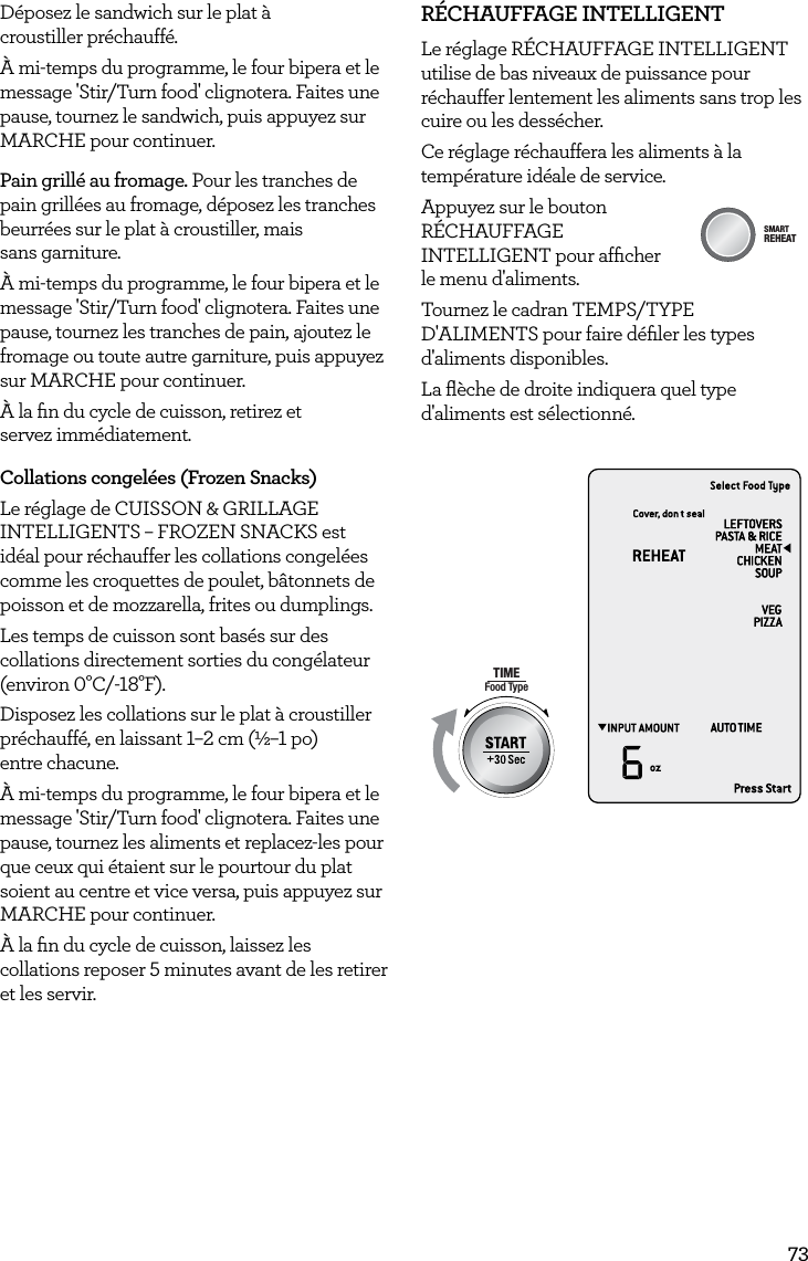 73D&eacute;posez le sandwich sur le plat &agrave;  croustiller pr&eacute;chauff&eacute;.&Agrave; mi-temps du programme, le four bipera et le message 'Stir/Turn food' clignotera. Faites une pause, tournez le sandwich, puis appuyez sur MARCHE pour continuer.Pain grill&eacute; au fromage. Pour les tranches de pain grill&eacute;es au fromage, d&eacute;posez les tranches beurr&eacute;es sur le plat &agrave; croustiller, mais  sans garniture.&Agrave; mi-temps du programme, le four bipera et le message 'Stir/Turn food' clignotera. Faites une pause, tournez les tranches de pain, ajoutez le fromage ou toute autre garniture, puis appuyez sur MARCHE pour continuer.&Agrave; la ﬁn du cycle de cuisson, retirez et  servez imm&eacute;diatement. Collations congel&eacute;es (Frozen Snacks)Le r&eacute;glage de CUISSON &amp; GRILLAGE INTELLIGENTS &ndash; FROZEN SNACKS est id&eacute;al pour r&eacute;chauffer les collations congel&eacute;es comme les croquettes de poulet, b&acirc;tonnets de poisson et de mozzarella, frites ou dumplings.Les temps de cuisson sont bas&eacute;s sur des collations directement sorties du cong&eacute;lateur (environ 0&deg;C/-18&deg;F).Disposez les collations sur le plat &agrave; croustiller pr&eacute;chauff&eacute;, en laissant 1&ndash;2 cm (&frac12;&ndash;1 po)  entre chacune.&Agrave; mi-temps du programme, le four bipera et le message 'Stir/Turn food' clignotera. Faites une pause, tournez les aliments et replacez-les pour que ceux qui &eacute;taient sur le pourtour du plat soient au centre et vice versa, puis appuyez sur MARCHE pour continuer.&Agrave; la ﬁn du cycle de cuisson, laissez les collations reposer 5 minutes avant de les retirer et les servir.R&Eacute;CHAUFFAGE INTELLIGENTLe r&eacute;glage R&Eacute;CHAUFFAGE INTELLIGENT utilise de bas niveaux de puissance pour r&eacute;chauffer lentement les aliments sans trop les cuire ou les dess&eacute;cher.Ce r&eacute;glage r&eacute;chauffera les aliments &agrave; la temp&eacute;rature id&eacute;ale de service.Appuyez sur le bouton                    AmountPOWERFood TypeTIMEA Bit More TimerSMARTDEFROSTSMARTREHEATSMARTCOOK  GRILL R&Eacute;CHAUFFAGE  INTELLIGENT pour afﬁcher  le menu d'aliments.Tournez le cadran TEMPS/TYPE D'ALIMENTS pour faire d&eacute;ﬁler les types d'aliments disponibles.La ﬂ&egrave;che de droite indiquera quel type d'aliments est s&eacute;lectionn&eacute;.AmountPOWERFood TypeTIMEA Bit More TimerSMARTDEFROSTSMARTREHEATSMARTCOOK  GRILL