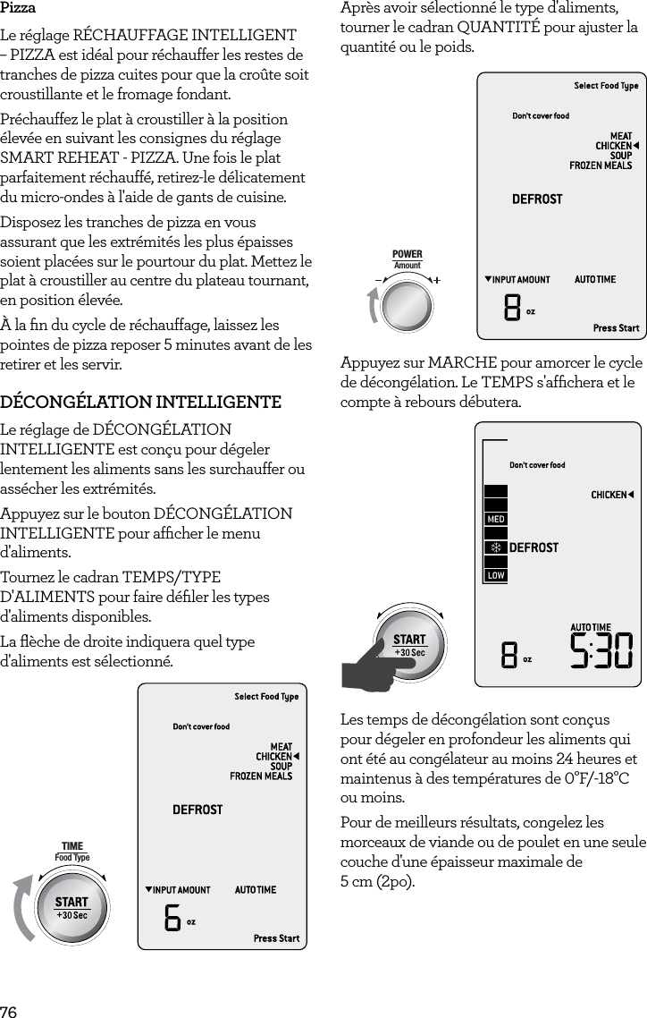 76PizzaLe r&eacute;glage R&Eacute;CHAUFFAGE INTELLIGENT &ndash; PIZZA est id&eacute;al pour r&eacute;chauffer les restes de tranches de pizza cuites pour que la cro&ucirc;te soit croustillante et le fromage fondant.Pr&eacute;chauffez le plat &agrave; croustiller &agrave; la position &eacute;lev&eacute;e en suivant les consignes du r&eacute;glage SMART REHEAT - PIZZA. Une fois le plat parfaitement r&eacute;chauff&eacute;, retirez-le d&eacute;licatement du micro-ondes &agrave; l'aide de gants de cuisine.Disposez les tranches de pizza en vous assurant que les extr&eacute;mit&eacute;s les plus &eacute;paisses soient plac&eacute;es sur le pourtour du plat. Mettez le plat &agrave; croustiller au centre du plateau tournant, en position &eacute;lev&eacute;e.&Agrave; la ﬁn du cycle de r&eacute;chauffage, laissez les pointes de pizza reposer 5 minutes avant de les retirer et les servir.D&Eacute;CONG&Eacute;LATION INTELLIGENTELe r&eacute;glage de D&Eacute;CONG&Eacute;LATION INTELLIGENTE est con&ccedil;u pour d&eacute;geler lentement les aliments sans les surchauffer ou ass&eacute;cher les extr&eacute;mit&eacute;s.Appuyez sur le bouton D&Eacute;CONG&Eacute;LATION INTELLIGENTE pour afﬁcher le menu d'aliments.Tournez le cadran TEMPS/TYPE D'ALIMENTS pour faire d&eacute;ﬁler les types d'aliments disponibles.La ﬂ&egrave;che de droite indiquera quel type d'aliments est s&eacute;lectionn&eacute;.AmountPOWERFood TypeTIMEA Bit More TimerSMARTDEFROSTSMARTREHEATSMARTCOOK  GRILLApr&egrave;s avoir s&eacute;lectionn&eacute; le type d'aliments, tourner le cadran QUANTIT&Eacute; pour ajuster la quantit&eacute; ou le poids.AmountPOWERFood TypeTIMEA Bit More TimerSMARTDEFROSTSMARTREHEATSMARTCOOK  GRILLAppuyez sur MARCHE pour amorcer le cycle de d&eacute;cong&eacute;lation. Le TEMPS s'afﬁchera et le compte &agrave; rebours d&eacute;butera.AmountPOWERFood TypeTIMEA Bit More TimerSMARTDEFROSTSMARTREHEATSMARTCOOK  GRILLLes temps de d&eacute;cong&eacute;lation sont con&ccedil;us pour d&eacute;geler en profondeur les aliments qui ont &eacute;t&eacute; au cong&eacute;lateur au moins 24 heures et maintenus &agrave; des temp&eacute;ratures de 0&deg;F/-18&deg;C  ou moins.Pour de meilleurs r&eacute;sultats, congelez les morceaux de viande ou de poulet en une seule couche d'une &eacute;paisseur maximale de  5 cm (2po).