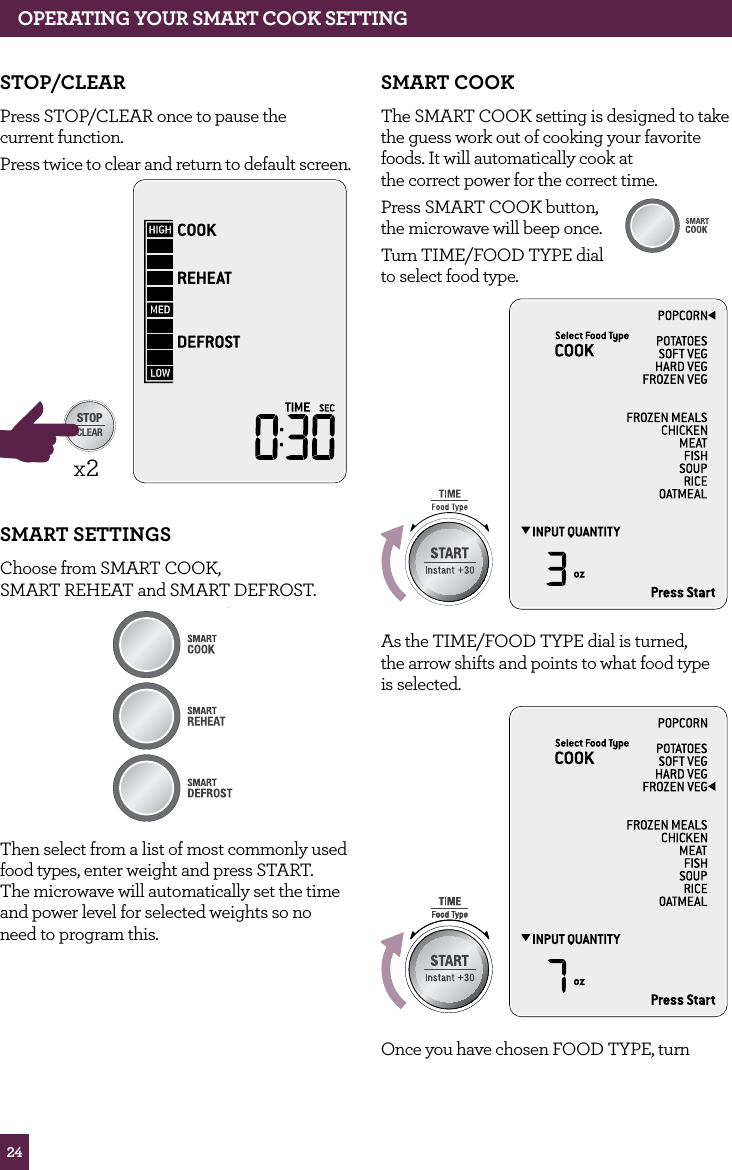 24OPERATING yOUR SMART COOK SETTINGSTOP/CLEARPress STOP/CLEAR once to pause the current function.Press twice to clear and return to default screen. STOPCLEARA Bit Morex2SMART SETTINGSChoose from SMART COOK, SMART REHEAT and SMART DEFROST. STOPCLEARA Bit MoreThen select from a list of most commonly used food types, enter weight and press START. The microwave will automatically set the time and power level for selected weights so no need to program this.SMART COOKThe SMART COOK setting is designed to take the guess work out of cooking your favorite foods. It will automatically cook at the correct power for the correct time.Press SMART COOK button, the microwave will beep once. Turn TIME/FOOD TYPE dial to select food type.STOPCLEARA Bit MoreAs the TIME/FOOD TYPE dial is turned, the arrow shifts and points to what food type is selected.STOPCLEARA Bit MoreSTOPCLEARA Bit MoreOnce you have chosen FOOD TYPE, turn STOPCLEARA Bit More