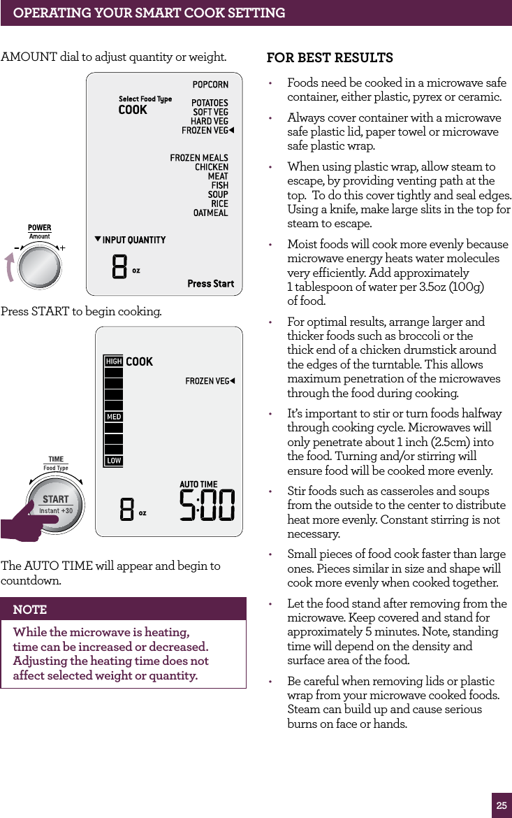 25OPERATING yOUR SMART COOK SETTINGAMOUNT dial to adjust quantity or weight.STOPCLEARA Bit MorePress START to begin cooking. STOPCLEARA Bit MoreSTOPCLEARA Bit MoreThe AUTO TIME will appear and begin to countdown.NOTEWhile the microwave is heating, time can be increased or decreased. Adjusting the heating time does not affect selected weight or quantity.fOR BEST RESULTS• Foods need be cooked in a microwave safe container, either plastic, pyrex or ceramic.• Always cover container with a microwave safe plastic lid, paper towel or microwave safe plastic wrap.• When using plastic wrap, allow steam to escape, by providing venting path at the top. To do this cover tightly and seal edges. Using a knife, make large slits in the top for steam to escape.• Moist foods will cook more evenly because microwave energy heats water molecules very efficiently. Add approximately 1 tablespoon of water per 3.5oz (100g) of food.• For optimal results, arrange larger and thicker foods such as broccoli or the thick end of a chicken drumstick around the edges of the turntable. This allows maximum penetration of the microwaves through the food during cooking.• It’s important to stir or turn foods halfway through cooking cycle. Microwaves will only penetrate about 1 inch (2.5cm) into the food. Turning and/or stirring will ensure food will be cooked more evenly.• Stir foods such as casseroles and soups from the outside to the center to distribute heat more evenly. Constant stirring is not necessary. • Small pieces of food cook faster than large ones. Pieces similar in size and shape will cook more evenly when cooked together.• Let the food stand after removing from the microwave. Keep covered and stand for approximately 5 minutes. Note, standing time will depend on the density and surface area of the food.• Be careful when removing lids or plastic wrap from your microwave cooked foods. Steam can build up and cause serious burns on face or hands.