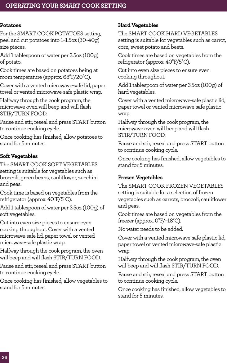 26OPERATING YOUR SMART COOK SETTINGPotatoesFor the SMART COOK POTATOES setting, peel and cut potatoes into 1–1.5oz (30–40g) size pieces.Add 1 tablespoon of water per 3.5oz (100g) of potato.Cook times are based on potatoes being at room temperature (approx. 68°F/20°C).Cover with a vented microwave-safe lid, paper towel or vented microwave-safe plastic wrap.Halfway through the cook program, the microwave oven will beep and will flash STIR/TURN FOOD.Pause and stir, reseal and press START button to continue cooking cycle.Once cooking has finished, allow potatoes to stand for 5 minutes.Soft VegetablesThe SMART COOK SOFT VEGETABLES setting is suitable for vegetables such as broccoli, green beans, cauliflower, zucchini and peas. Cook time is based on vegetables from the refrigerator (approx. 40°F/5°C). Add 1 tablespoon of water per 3.5oz (100g) of soft vegetables.Cut into even size pieces to ensure even cooking throughout. Cover with a vented microwave-safe lid, paper towel or vented microwave-safe plastic wrap.Halfway through the cook program, the oven will beep and will flash STIR/TURN FOOD.Pause and stir, reseal and press START button to continue cooking cycle.Once cooking has finished, allow vegetables to stand for 5 minutes.Hard VegetablesThe SMART COOK HARD VEGETABLES setting is suitable for vegetables such as carrot, corn, sweet potato and beets.Cook times are based on vegetables from the refrigerator (approx. 40°F/5°C).Cut into even size pieces to ensure even cooking throughout.Add 1 tablespoon of water per 3.5oz (100g) of hard vegetables.Cover with a vented microwave-safe plastic lid, paper towel or vented microwave-safe plastic wrap.Halfway through the cook program, the microwave oven will beep and will flash STIR/TURN FOOD.Pause and stir, reseal and press START button to continue cooking cycle.Once cooking has finished, allow vegetables to stand for 5 minutes.Frozen Vegetables The SMART COOK FROZEN VEGETABLES setting is suitable for a selection of frozen vegetables such as carrots, broccoli, cauliflower and peas.Cook times are based on vegetables from the freezer (approx. 0°F/–18°C).No water needs to be added.Cover with a vented microwave-safe plastic lid, paper towel or vented microwave-safe plastic wrap.Halfway through the cook program, the oven will beep and will flash STIR/TURN FOOD.Pause and stir, reseal and press START button to continue cooking cycle.Once cooking has finished, allow vegetables to stand for 5 minutes.