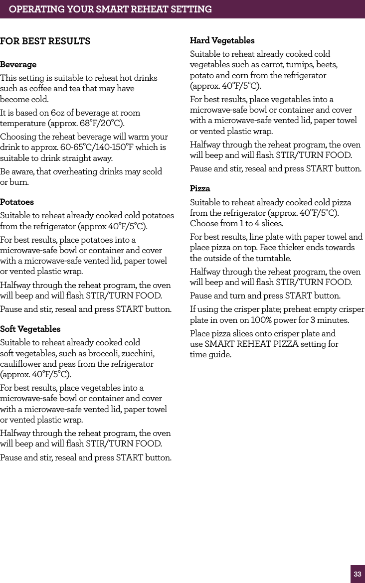 33OPERATING YOUR SMART REHEAT SETTINGFOR BEST RESULTSBeverageThis setting is suitable to reheat hot drinks such as coffee and tea that may have become cold.It is based on 6oz of beverage at room temperature (approx. 68°F/20°C).Choosing the reheat beverage will warm your drink to approx. 60-65°C/140-150°F which is suitable to drink straight away.Be aware, that overheating drinks may scold or burn.PotatoesSuitable to reheat already cooked cold potatoes from the refrigerator (approx 40°F/5°C).For best results, place potatoes into a microwave-safe bowl or container and cover with a microwave-safe vented lid, paper towel or vented plastic wrap.Halfway through the reheat program, the oven will beep and will flash STIR/TURN FOOD.Pause and stir, reseal and press START button.Soft VegetablesSuitable to reheat already cooked cold soft vegetables, such as broccoli, zucchini, cauliflower and peas from the refrigerator (approx. 40°F/5°C).For best results, place vegetables into a microwave-safe bowl or container and cover with a microwave-safe vented lid, paper towel or vented plastic wrap.Halfway through the reheat program, the oven will beep and will flash STIR/TURN FOOD.Pause and stir, reseal and press START button.Hard VegetablesSuitable to reheat already cooked cold vegetables such as carrot, turnips, beets, potato and corn from the refrigerator (approx. 40°F/5°C).For best results, place vegetables into a microwave-safe bowl or container and cover with a microwave-safe vented lid, paper towel or vented plastic wrap.Halfway through the reheat program, the oven will beep and will flash STIR/TURN FOOD.Pause and stir, reseal and press START button.PizzaSuitable to reheat already cooked cold pizza from the refrigerator (approx. 40°F/5°C). Choose from 1 to 4 slices.For best results, line plate with paper towel and place pizza on top. Face thicker ends towards the outside of the turntable.Halfway through the reheat program, the oven will beep and will flash STIR/TURN FOOD.Pause and turn and press START button.If using the crisper plate; preheat empty crisper plate in oven on 100% power for 3 minutes.Place pizza slices onto crisper plate and use SMART REHEAT PIZZA setting for time guide.