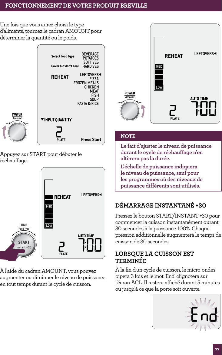 77fONCTIONNEMENT dE vOTRE PROdUIT BREvILLEUne fois que vous aurez choisi le type d'aliments, tournez le cadran AMOUNT pour d&eacute;terminer la quantit&eacute; ou le poids.STOPCLEARA Bit MoreAppuyez sur START pour d&eacute;buter le r&eacute;chauffage.STOPCLEARA Bit MoreSTOPCLEARA Bit More&Agrave; l'aide du cadran AMOUNT, vous pouvez augmenter ou diminuer le niveau de puissance en tout temps durant le cycle de cuisson. STOPCLEARA Bit MoreNOTELe fait d'ajuster le niveau de puissance durant le cycle de r&eacute;chauffage n'en alt&egrave;rera pas la dur&eacute;e.L'&eacute;chelle de puissance indiquera le niveau de puissance, sauf pour les programmes o&ugrave; des niveaux de puissance diff&eacute;rents sont utilis&eacute;s.d&Eacute;MARRAGE INSTANTAN&Eacute; +30Pressez le bouton START/INSTANT +30 pour commencer la cuisson instantan&eacute;ment durant 30 secondes &agrave; la puissance 100%. Chaque pression additionnelle augmentera le temps de cuisson de 30 secondes.LORSqUE LA CUISSON EST TERMIN&Eacute;E&Agrave; la ﬁn d'un cycle de cuisson, le micro-ondes bipera 3 fois et le mot 'End' clignotera sur l'&eacute;cran ACL. Il restera afﬁch&eacute; durant 5 minutes ou jusqu'&agrave; ce que la porte soit ouverte.