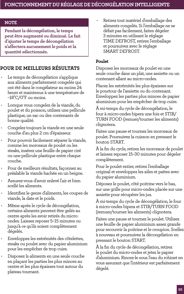 93NOTEPendant la d&eacute;cong&eacute;lation, le temps peut &ecirc;tre augment&eacute; ou diminu&eacute;. Le fait d'ajuster le temps de d&eacute;cong&eacute;lation n'affectera aucunement le poids et la quantit&eacute; s&eacute;lectionn&eacute;s.POUR dE MEILLEURS R&Eacute;SULTATS&bull;  Le temps de d&eacute;cong&eacute;lation s'applique aux aliments parfaitement congel&eacute;s qui ont &eacute;t&eacute; dans le cong&eacute;lateur au moins 24 heurs et maintenus &agrave; une temp&eacute;rature de &ndash;18&deg;C/0&deg;F ou moins.&bull;  Lorsque vous congelez de la viande, du poulet et du poisson, utilisez une pellicule plastique, un sac ou des contenants de bonne qualit&eacute;.&bull;  Congelez toujours la viande en une seule couche d'au plus 2 cm d'&eacute;paisseur.&bull;  Pour pouvoir facilement s&eacute;parer la viande, comme les morceaux de poulet ou les steaks, ins&eacute;rez une feuille de papier cir&eacute; ou une pellicule plastique entre chaque couche.&bull;  Pour de meilleurs r&eacute;sultats, fa&ccedil;onnez au pr&eacute;alable la viande hach&eacute;e en un beigne.&bull;  Assurez-vous d'avoir enlev&eacute; l'air et bien scell&eacute; les aliments.&bull;  Identiﬁez le genre d'aliments, les coupes de viande, la date et le poids.&bull;  M&ecirc;me apr&egrave;s le cycle de d&eacute;cong&eacute;lation, certains aliments peuvent &ecirc;tre gel&eacute;s au centre apr&egrave;s les avoir retir&eacute;s du micro-ondes. Laissez reposer 5&ndash;15 minutes ou jusqu'&agrave; ce qu'ils soient compl&egrave;tement d&eacute;gel&eacute;s.&bull;  Enveloppez les extr&eacute;mit&eacute;s des c&ocirc;telettes, steaks ou poulet avec du papier aluminium pour les emp&ecirc;cher de trop cuire.&bull;  Disposez ls aliments en une seule couche en pla&ccedil;ant les parties les plus minces au centre et les plus &eacute;paisses tout autour du plateau tournant.&bull;  Retirez tout mat&eacute;riel d'emballage des aliments congel&eacute;s. Si l'emballage ne se d&eacute;fait pas facilement, faites d&eacute;geler  3 minutes en utilisant le r&eacute;glage  TIME DEFROST, retirez l'emballage  et poursuivez avec le r&eacute;glage  SMART DEFROST.PouletDisposez les morceaux de poulet en une seule couche dans un plat, une assiette ou un contenant allant au micro-ondes.Placez les extr&eacute;mit&eacute;s les plus &eacute;paisses sur le pourtour de l'assiette ou du contenant. Enveloppez les parties plus minces de papier aluminium pour les emp&ecirc;cher de trop cuire.&Agrave; mi-temps du cycle de d&eacute;cong&eacute;lation, le four &agrave; micro-ondes bipera une fois et STIR/TURN FOOD (remuer/tourner les aliments) clignotera.Faites une pause et tournez les morceaux de poulet. Poursuivez la cuisson en pressant le bouton START.&Agrave; la ﬁn du cycle, retirez les morceaux de poulet et laissez reposer 15&ndash;30 minutes pour d&eacute;geler compl&egrave;tement.Pour le poulet entier, retirez l'emballage original et enveloppez les ailes et pattes avec du papier aluminium. D&eacute;posez le poulet, c&ocirc;t&eacute; poitrine vers le bas, sur une grille pour micro-ondes plac&eacute;e sur une assiette pour r&eacute;cup&eacute;rer les jus.&Agrave; mi-temps du cycle de d&eacute;cong&eacute;lation, le four &agrave; micro-ondes bipera et STIR/TURN FOOD (remuer/tourner les aliments) clignotera.Faites une pause et tournez le poulet. Utilisez une feuille de papier aluminium assez grande pour recouvrir la poitrine et le croupion. Scellez &agrave; nouveau et poursuivez la d&eacute;cong&eacute;lation en pressant le bouton START.&Agrave; la ﬁn du cycle de d&eacute;cong&eacute;lation, retirez le poulet du micro-ondes et jetez le papier d'aluminium. Rincez-le sous l'eau du robinet en vous assurant que l'int&eacute;rieur est parfaitement d&eacute;gel&eacute;.fONCTIONNEMENT dU R&Eacute;GLAGE dE d&Eacute;CONG&Eacute;LATION INTELLIGENTE