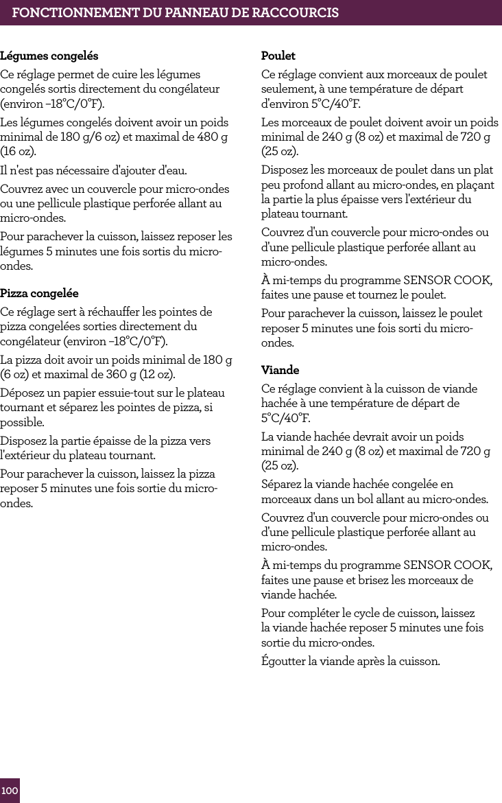 100L&eacute;gumes congel&eacute;s Ce r&eacute;glage permet de cuire les l&eacute;gumes congel&eacute;s sortis directement du cong&eacute;lateur (environ &ndash;18&deg;C/0&deg;F).Les l&eacute;gumes congel&eacute;s doivent avoir un poids minimal de 180 g/6 oz) et maximal de 480 g (16 oz). Il n'est pas n&eacute;cessaire d'ajouter d'eau.Couvrez avec un couvercle pour micro-ondes ou une pellicule plastique perfor&eacute;e allant au micro-ondes.Pour parachever la cuisson, laissez reposer les l&eacute;gumes 5 minutes une fois sortis du micro-ondes.Pizza congel&eacute;eCe r&eacute;glage sert &agrave; r&eacute;chauffer les pointes de pizza congel&eacute;es sorties directement du cong&eacute;lateur (environ &ndash;18&deg;C/0&deg;F).La pizza doit avoir un poids minimal de 180 g (6 oz) et maximal de 360 g (12 oz).D&eacute;posez un papier essuie-tout sur le plateau tournant et s&eacute;parez les pointes de pizza, si possible.Disposez la partie &eacute;paisse de la pizza vers l'ext&eacute;rieur du plateau tournant.Pour parachever la cuisson, laissez la pizza reposer 5 minutes une fois sortie du micro-ondes.PouletCe r&eacute;glage convient aux morceaux de poulet seulement, &agrave; une temp&eacute;rature de d&eacute;part d'environ 5&deg;C/40&deg;F.Les morceaux de poulet doivent avoir un poids minimal de 240 g (8 oz) et maximal de 720 g (25 oz).Disposez les morceaux de poulet dans un plat peu profond allant au micro-ondes, en pla&ccedil;ant la partie la plus &eacute;paisse vers l'ext&eacute;rieur du plateau tournant.Couvrez d'un couvercle pour micro-ondes ou d'une pellicule plastique perfor&eacute;e allant au micro-ondes.&Agrave; mi-temps du programme SENSOR COOK, faites une pause et tournez le poulet.Pour parachever la cuisson, laissez le poulet reposer 5 minutes une fois sorti du micro-ondes.Viande Ce r&eacute;glage convient &agrave; la cuisson de viande hach&eacute;e &agrave; une temp&eacute;rature de d&eacute;part de 5&deg;C/40&deg;F.La viande hach&eacute;e devrait avoir un poids minimal de 240 g (8 oz) et maximal de 720 g (25 oz).S&eacute;parez la viande hach&eacute;e congel&eacute;e en morceaux dans un bol allant au micro-ondes. Couvrez d'un couvercle pour micro-ondes ou d'une pellicule plastique perfor&eacute;e allant au micro-ondes.&Agrave; mi-temps du programme SENSOR COOK, faites une pause et brisez les morceaux de viande hach&eacute;e.Pour compl&eacute;ter le cycle de cuisson, laissez la viande hach&eacute;e reposer 5 minutes une fois sortie du micro-ondes.&Eacute;goutter la viande apr&egrave;s la cuisson.FONCTIONNEMENT DU PANNEAU DE RACCOURCIS