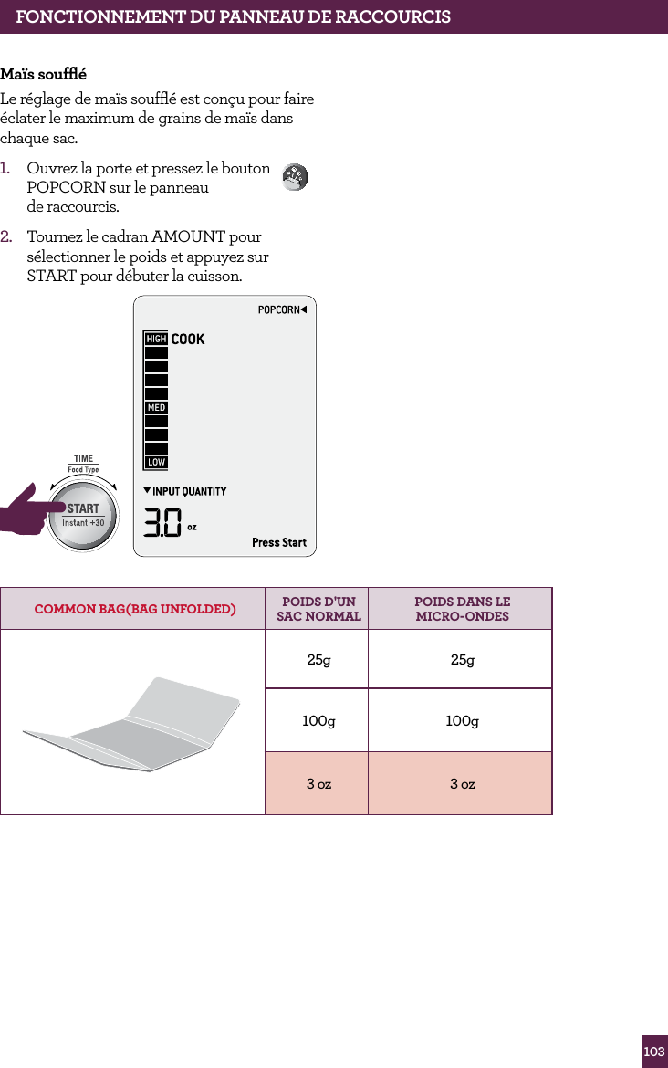 103FONCTIONNEMENT DE VOTRE PRODUIT BREVILLEMa&iuml;s soufﬂ&eacute;Le r&eacute;glage de ma&iuml;s soufﬂ&eacute; est con&ccedil;u pour faire &eacute;clater le maximum de grains de ma&iuml;s dans chaque sac.1.  Ouvrez la porte et pressez le bouton POPCORN sur le panneau  de raccourcis. 2.  Tournez le cadran AMOUNT pour s&eacute;lectionner le poids et appuyez sur START pour d&eacute;buter la cuisson.STOPCLEARA Bit MoreCOMMON BAG(BAG UNFOLDED) POIDS D'UN SAC NORMAL POIDS DANS LE  MICRO-ONDES25g 25g100g 100g3 oz 3 ozFONCTIONNEMENT DU PANNEAU DE RACCOURCIS
