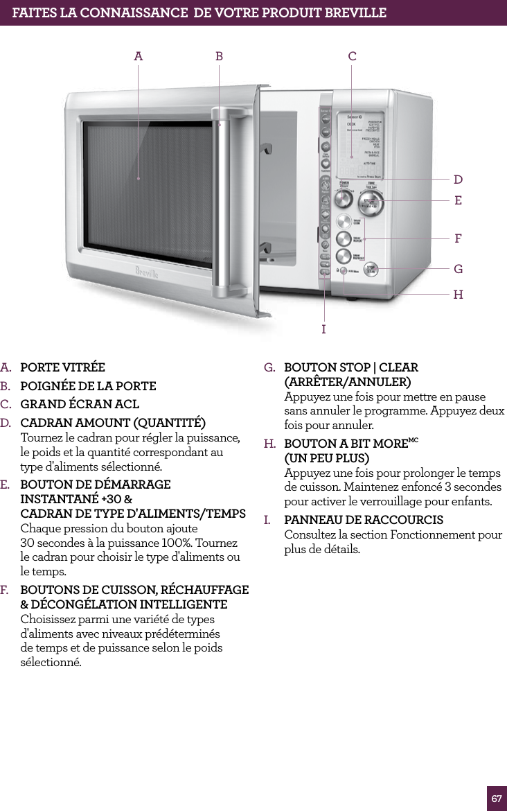 67fAITES LA CONNAISSANCE  dE vOTRE PROdUIT BREvILLEA.  PoRte VitR&Eacute;eB.  Poign&Eacute;e de lA PoRte C.  gRAnd &Eacute;CRAn AClD.  CAdRAn AmoUnt (QUAntit&Eacute;)  Tournez le cadran pour r&eacute;gler la puissance, le poids et la quantit&eacute; correspondant au  type d'aliments s&eacute;lectionn&eacute;.E.  BoUton de d&Eacute;mARRAge inStAntAn&Eacute; +30 &amp;  CAdRAn de tYPe d'AlimentS/temPS Chaque pression du bouton ajoute  30 secondes &agrave; la puissance 100%. Tournez le cadran pour choisir le type d'aliments ou le temps. F.  BoUtonS de CUiSSon, R&Eacute;CHAUFFAge &amp; d&Eacute;Cong&Eacute;lAtion intelligente Choisissez parmi une vari&eacute;t&eacute; de types d'aliments avec niveaux pr&eacute;d&eacute;termin&eacute;s de temps et de puissance selon le poids s&eacute;lectionn&eacute;.A B CIEFGHDG.  BoUton StoP | CleAR  (ARR&Ecirc;teR/AnnUleR) Appuyez une fois pour mettre en pause sans annuler le programme. Appuyez deux fois pour annuler.H.  BoUton A Bit moRemC (Un PeU PlUS) Appuyez une fois pour prolonger le temps de cuisson. Maintenez enfonc&eacute; 3 secondes pour activer le verrouillage pour enfants.I.  PAnneAU de RACCoURCiS Consultez la section Fonctionnement pour plus de d&eacute;tails.