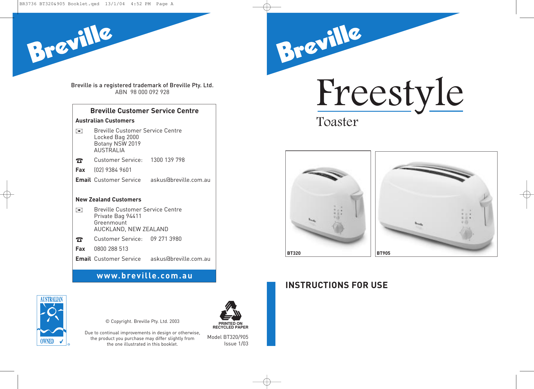Page 1 of 4 - Breville BT905 BR3736 BT320&905 Booklet User Manual To The 311c2119-e7ec-4a90-9265-df5197b6c6e4