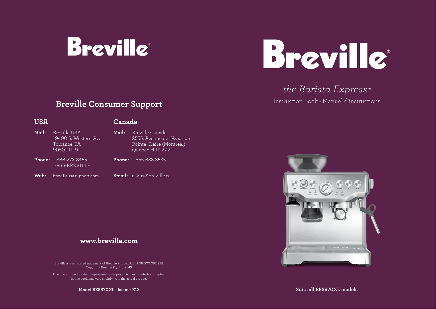 Breville Barista Express Espresso Maker Bes870Xl Instruction Manual