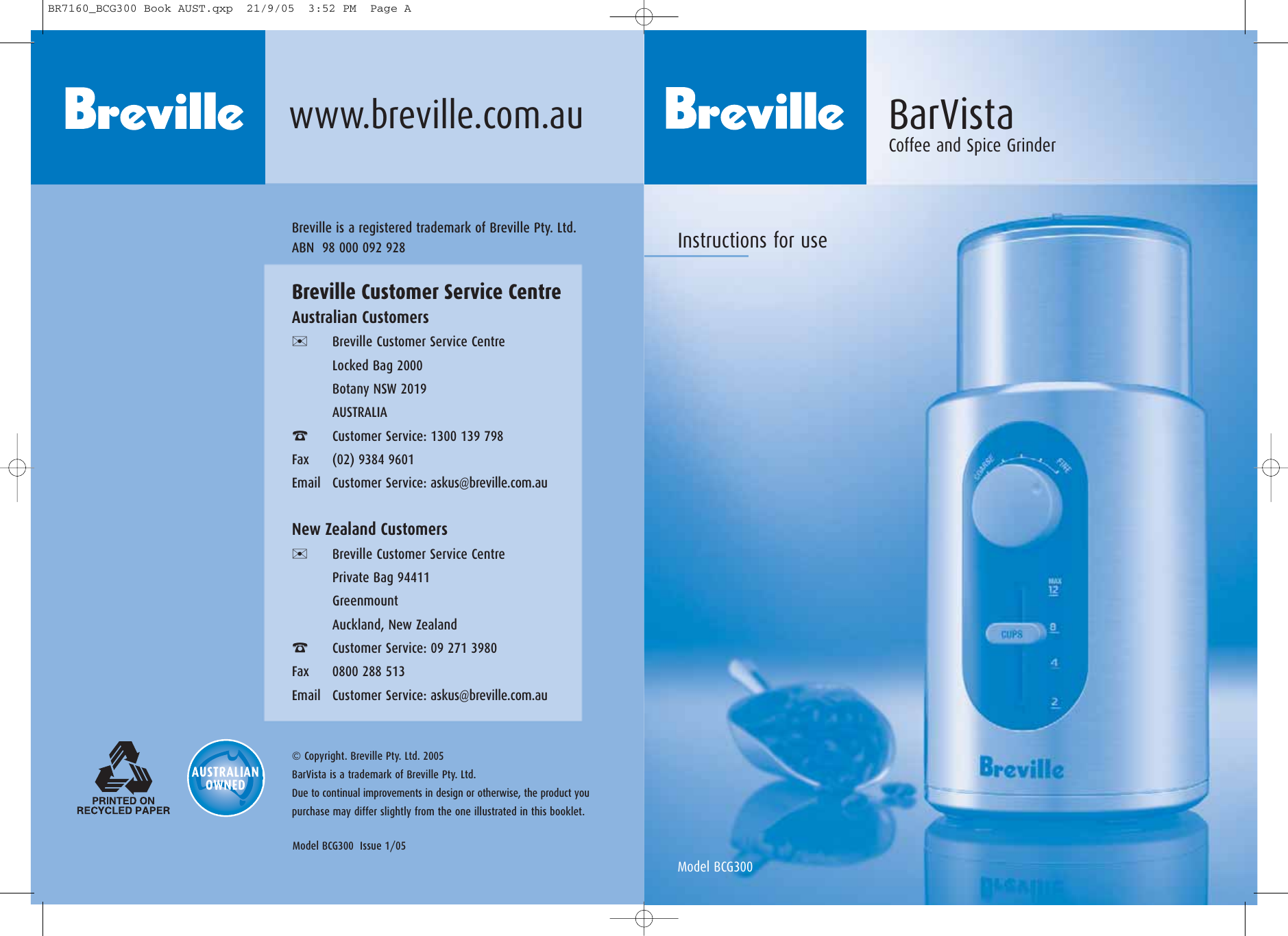 Breville Bcg300 Users Manual