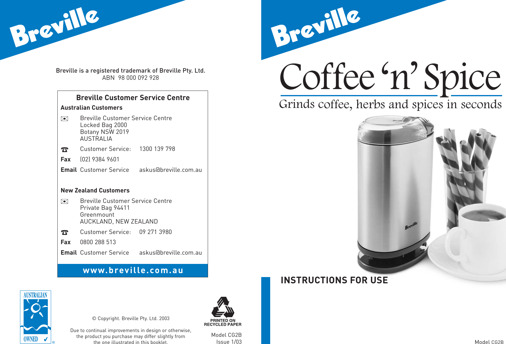 Page 1 of 4 - Breville Breville-Coffee-Nspice-Cg2B-Users-Manual- BR5490 CG2B AUST Book  Breville-coffee-nspice-cg2b-users-manual