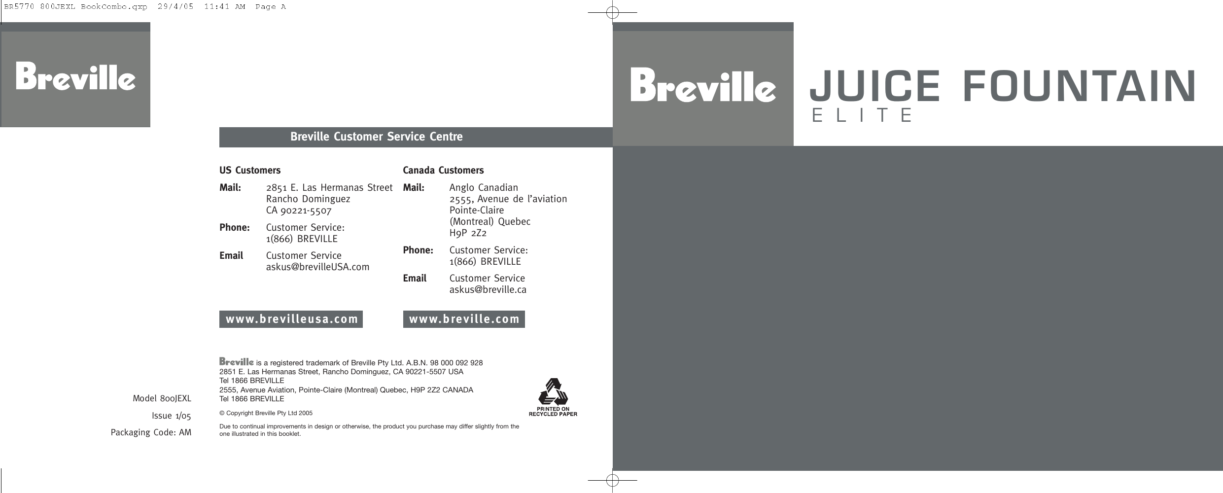 Breville Juice Fountain Elite Instruction Manual Unknown