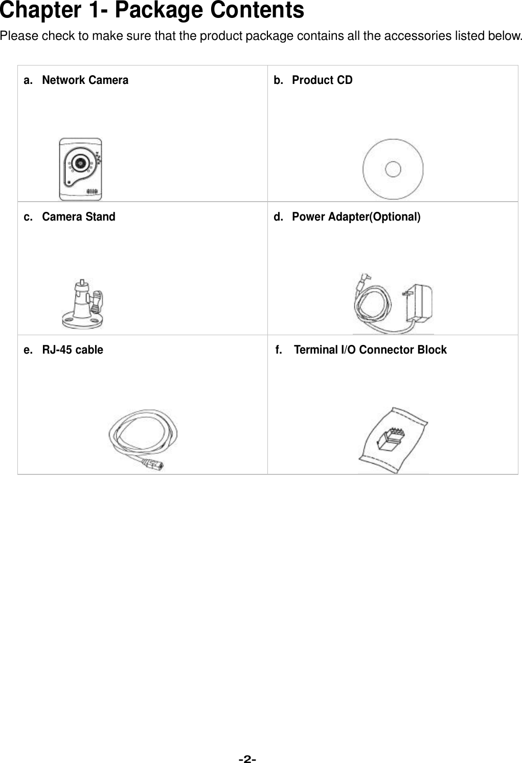    Chapter 1- Package Contents Please check to make sure that the product package contains all the accessories listed below.                                                        -2- a. Network Camera b. Product CD c. Camera Stand d. Power Adapter(Optional) e. RJ-45 cable f.    Terminal I/O Connector Block 