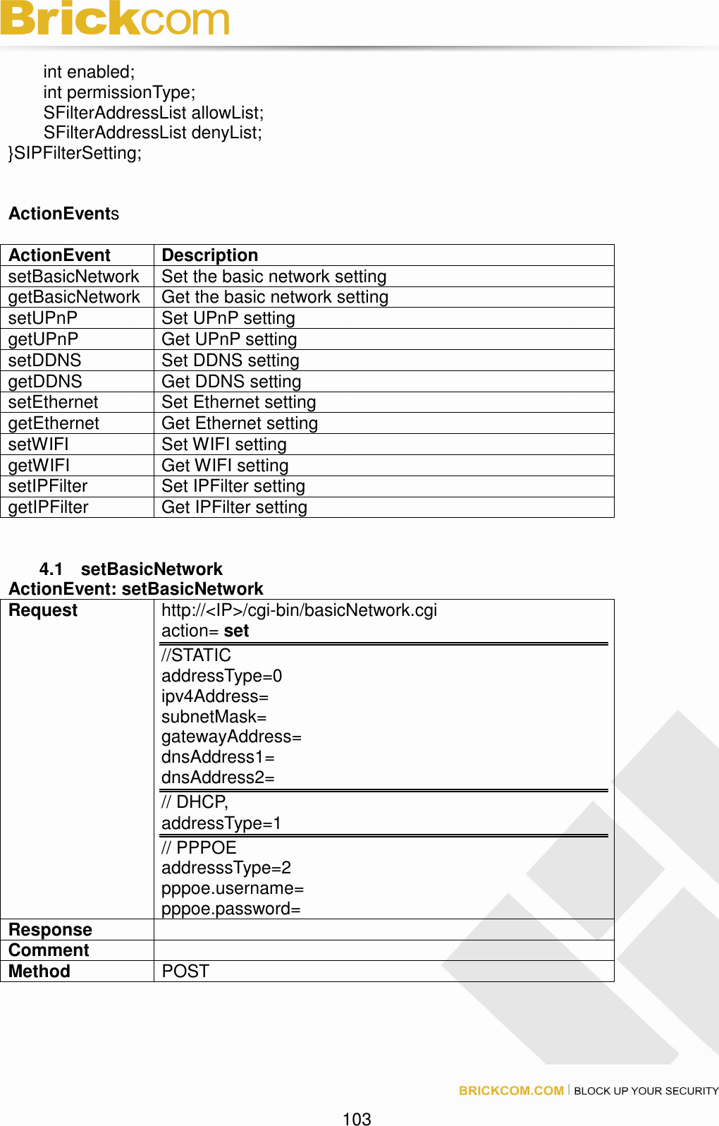 103 int enabled; int permissionType; SFilterAddressList allowList; SFilterAddressList denyList; }SIPFilterSetting; ActionEvents ActionEvent Description setBasicNetwork Set the basic network setting getBasicNetwork Get the basic network setting setUPnP Set UPnP setting getUPnP Get UPnP setting setDDNS Set DDNS setting getDDNS Get DDNS setting setEthernet Set Ethernet setting getEthernet Get Ethernet setting setWIFI Set WIFI setting getWIFI Get WIFI setting setIPFilter Set IPFilter setting getIPFilter Get IPFilter setting 4.1 setBasicNetwork ActionEvent: setBasicNetwork Request http://<IP>/cgi-bin/basicNetwork.cgi action= set //STATIC addressType=0 ipv4Address= subnetMask= gatewayAddress= dnsAddress1= dnsAddress2= // DHCP, addressType=1 // PPPOE addresssType=2 pppoe.username= pppoe.password= Response Comment Method POST