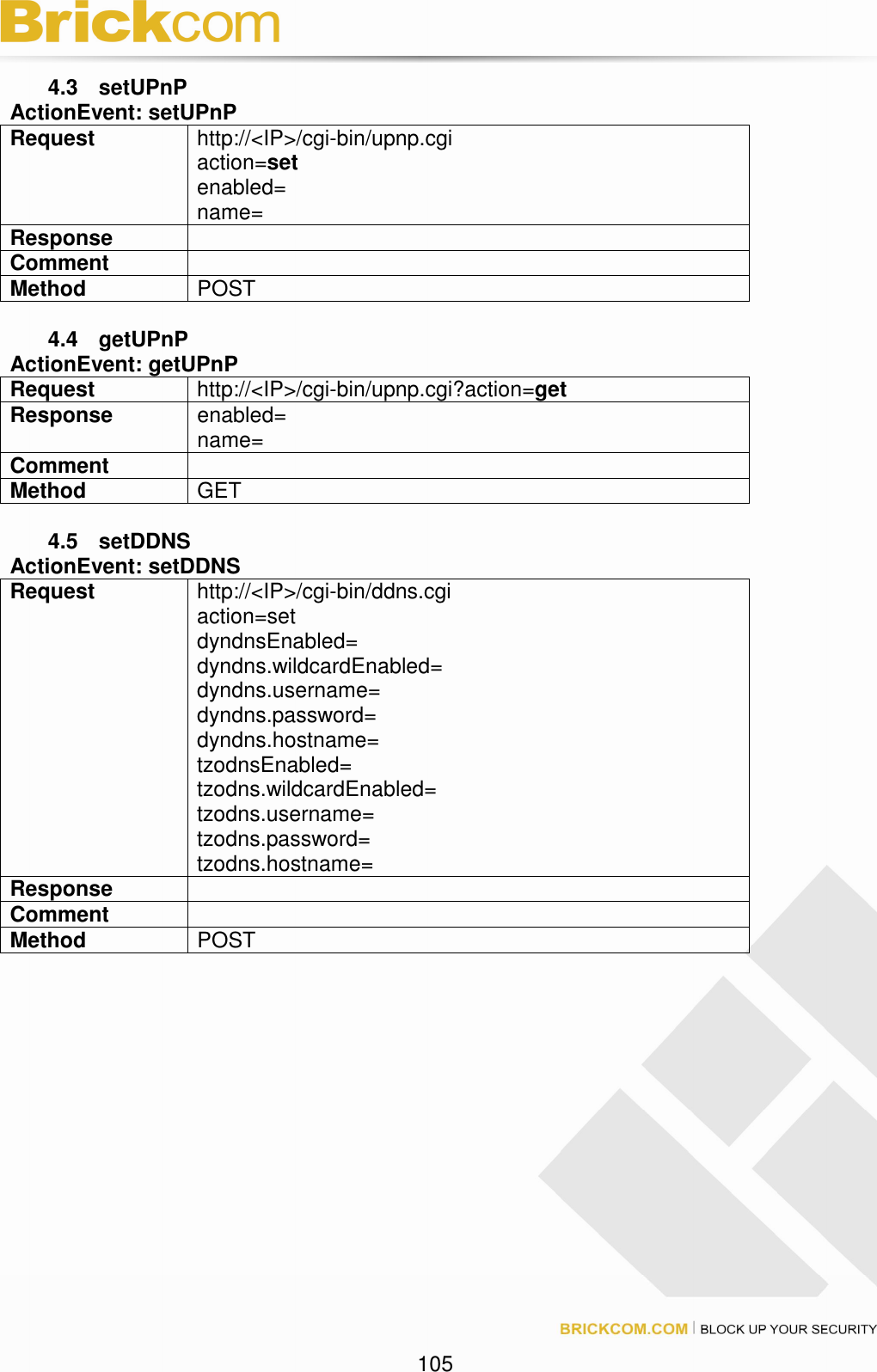 105 4.3 setUPnP ActionEvent: setUPnP Request http://<IP>/cgi-bin/upnp.cgi action=set enabled= name= Response Comment Method POST 4.4 getUPnP ActionEvent: getUPnP Request http://<IP>/cgi-bin/upnp.cgi?action=get Response enabled= name= Comment Method GET 4.5 setDDNS ActionEvent: setDDNS Request http://<IP>/cgi-bin/ddns.cgi action=set dyndnsEnabled= dyndns.wildcardEnabled= dyndns.username= dyndns.password= dyndns.hostname= tzodnsEnabled= tzodns.wildcardEnabled= tzodns.username= tzodns.password= tzodns.hostname= Response Comment Method POST