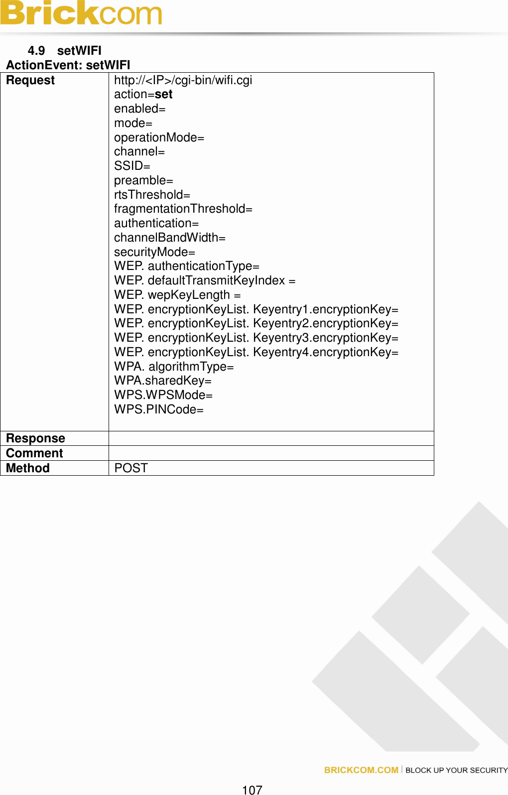 107 4.9 setWIFI ActionEvent: setWIFI Request http://<IP>/cgi-bin/wifi.cgi action=set enabled= mode= operationMode= channel= SSID= preamble= rtsThreshold= fragmentationThreshold= authentication= channelBandWidth= securityMode= WEP. authenticationType= WEP. defaultTransmitKeyIndex = WEP. wepKeyLength = WEP. encryptionKeyList. Keyentry1.encryptionKey= WEP. encryptionKeyList. Keyentry2.encryptionKey= WEP. encryptionKeyList. Keyentry3.encryptionKey= WEP. encryptionKeyList. Keyentry4.encryptionKey= WPA. algorithmType= WPA.sharedKey= WPS.WPSMode= WPS.PINCode= Response Comment Method POST