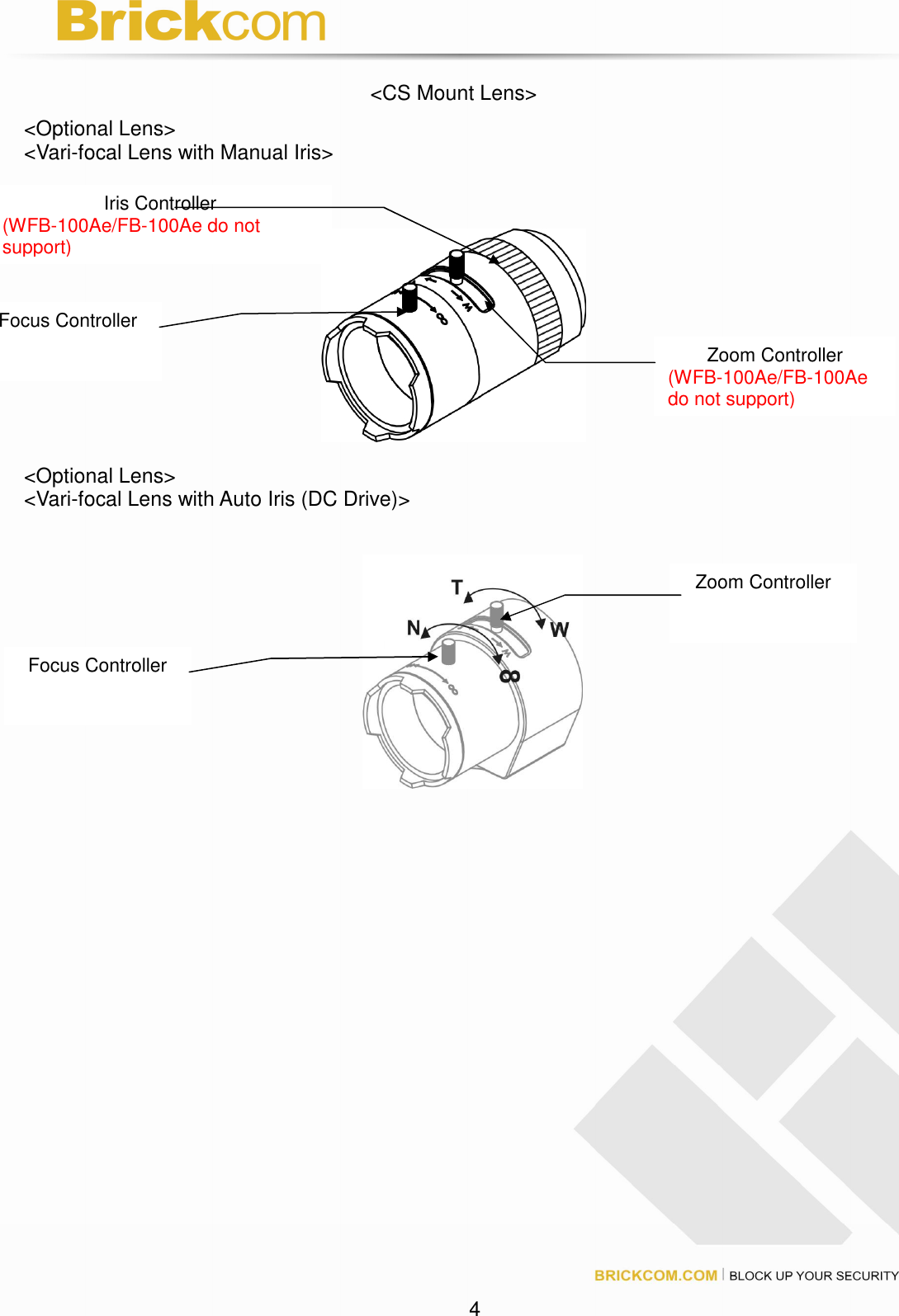 4 <CS Mount Lens> <Optional Lens> <Vari-focal Lens with Manual Iris> <Optional Lens> <Vari-focal Lens with Auto Iris (DC Drive)> Zoom Controller (WFB-100Ae/FB-100Ae do not support) Focus Controller Zoom Controller Focus Controller Iris Controller (WFB-100Ae/FB-100Ae do not support)