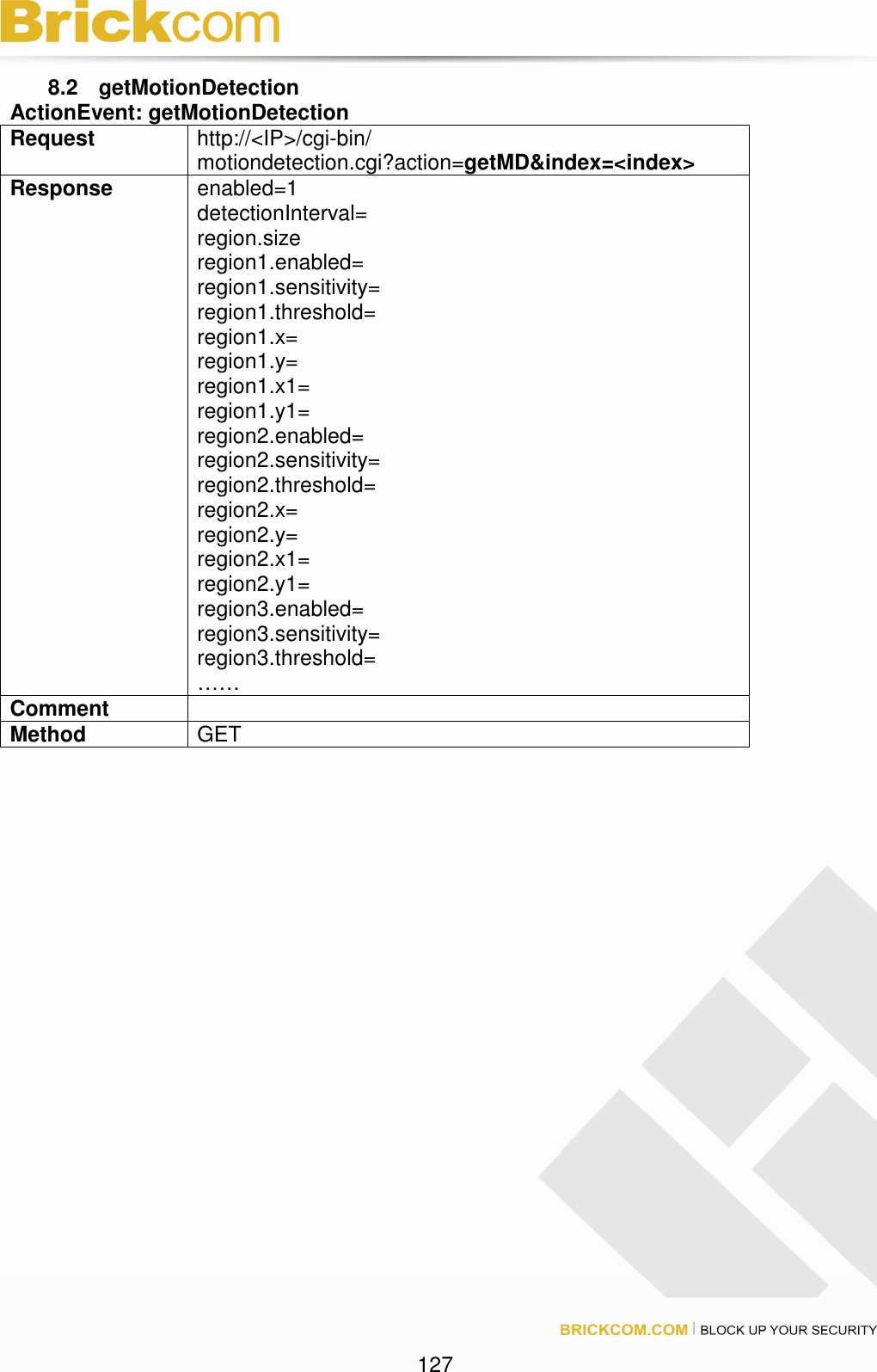 127 8.2 getMotionDetection ActionEvent: getMotionDetection Request http://<IP>/cgi-bin/ motiondetection.cgi?action=getMD&index=<index> Response enabled=1 detectionInterval= region.size region1.enabled= region1.sensitivity= region1.threshold= region1.x= region1.y= region1.x1= region1.y1= region2.enabled= region2.sensitivity= region2.threshold= region2.x= region2.y= region2.x1= region2.y1= region3.enabled= region3.sensitivity= region3.threshold= …… Comment Method GET
