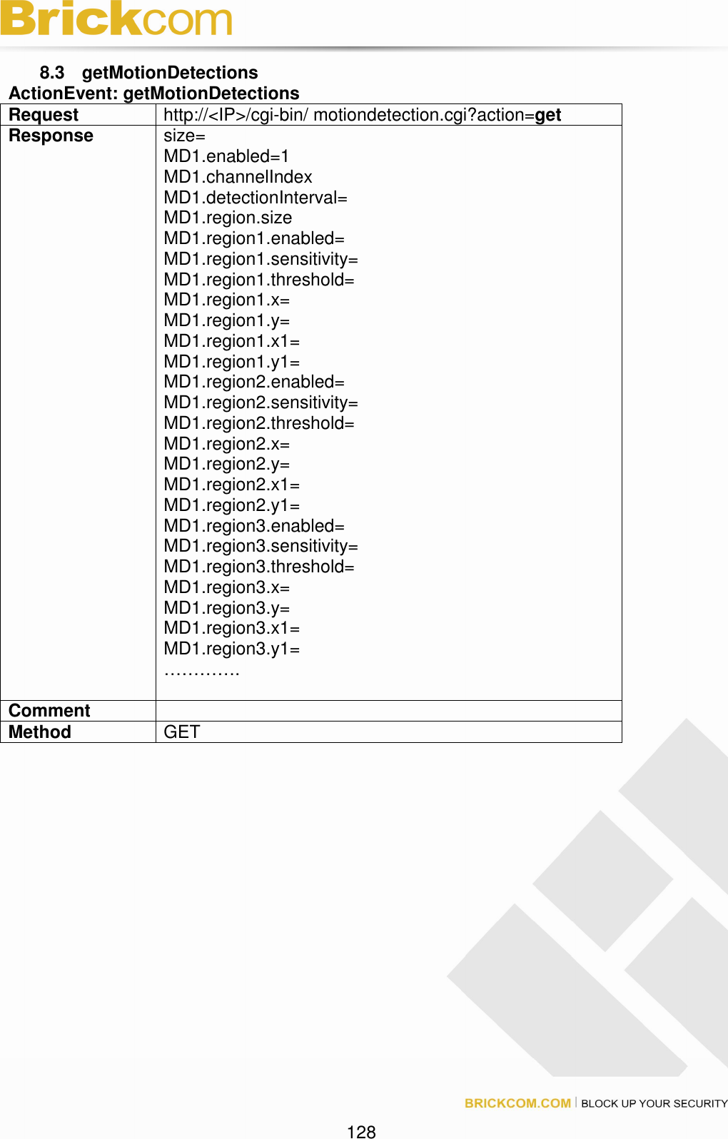 128 8.3 getMotionDetections ActionEvent: getMotionDetections Request http://<IP>/cgi-bin/ motiondetection.cgi?action=get Response size= MD1.enabled=1 MD1.channelIndex MD1.detectionInterval= MD1.region.size MD1.region1.enabled= MD1.region1.sensitivity= MD1.region1.threshold= MD1.region1.x= MD1.region1.y= MD1.region1.x1= MD1.region1.y1= MD1.region2.enabled= MD1.region2.sensitivity= MD1.region2.threshold= MD1.region2.x= MD1.region2.y= MD1.region2.x1= MD1.region2.y1= MD1.region3.enabled= MD1.region3.sensitivity= MD1.region3.threshold= MD1.region3.x= MD1.region3.y= MD1.region3.x1= MD1.region3.y1= …………. Comment Method GET