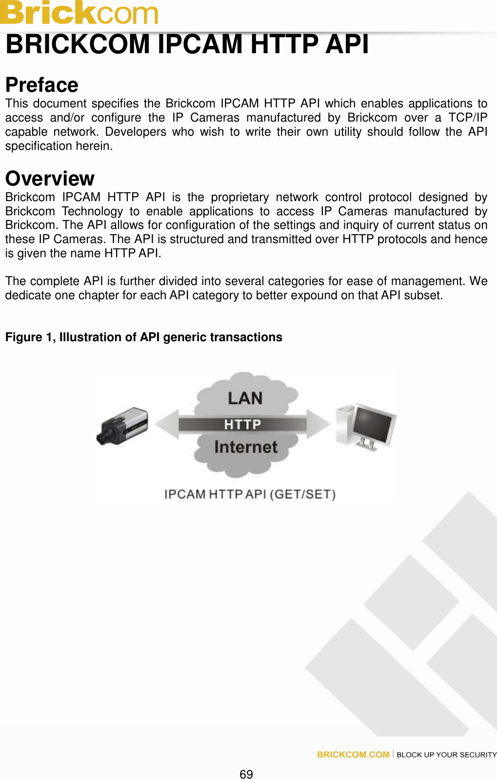 69 BRICKCOM IPCAM HTTP API Preface This document specifies the Brickcom IPCAM HTTP API which enables applications to access and/or configure the IP Cameras manufactured by Brickcom over a TCP/IP capable network. Developers who wish to write their own utility should follow the API specification herein. Overview Brickcom IPCAM HTTP API is the proprietary network control protocol designed by Brickcom Technology to enable applications to access IP Cameras manufactured by Brickcom. The API allows for configuration of the settings and inquiry of current status on these IP Cameras. The API is structured and transmitted over HTTP protocols and hence is given the name HTTP API. The complete API is further divided into several categories for ease of management. We dedicate one chapter for each API category to better expound on that API subset. Figure 1, Illustration of API generic transactions