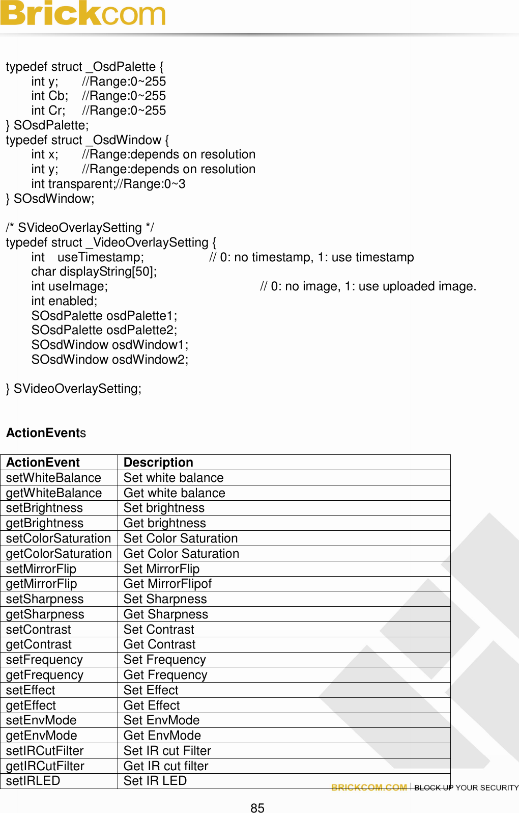                                                                                 85   typedef struct _OsdPalette {   int y;  //Range:0~255   int Cb;  //Range:0~255   int Cr;  //Range:0~255 } SOsdPalette; typedef struct _OsdWindow {   int x;  //Range:depends on resolution   int y;  //Range:depends on resolution   int transparent;//Range:0~3 } SOsdWindow;  /* SVideoOverlaySetting */ typedef struct _VideoOverlaySetting {         int    useTimestamp;      // 0: no timestamp, 1: use timestamp         char displayString[50];          int useImage;            // 0: no image, 1: use uploaded image.   int enabled;         SOsdPalette osdPalette1;         SOsdPalette osdPalette2;         SOsdWindow osdWindow1;         SOsdWindow osdWindow2;  } SVideoOverlaySetting;   ActionEvents  ActionEvent  Description setWhiteBalance  Set white balance   getWhiteBalance  Get white balance setBrightness  Set brightness   getBrightness  Get brightness setColorSaturation Set Color Saturation getColorSaturation Get Color Saturation setMirrorFlip  Set MirrorFlip   getMirrorFlip  Get MirrorFlipof setSharpness  Set Sharpness getSharpness  Get Sharpness setContrast  Set Contrast getContrast  Get Contrast setFrequency  Set Frequency getFrequency  Get Frequency setEffect  Set Effect getEffect  Get Effect setEnvMode  Set EnvMode getEnvMode  Get EnvMode setIRCutFilter  Set IR cut Filter getIRCutFilter  Get IR cut filter setIRLED  Set IR LED 