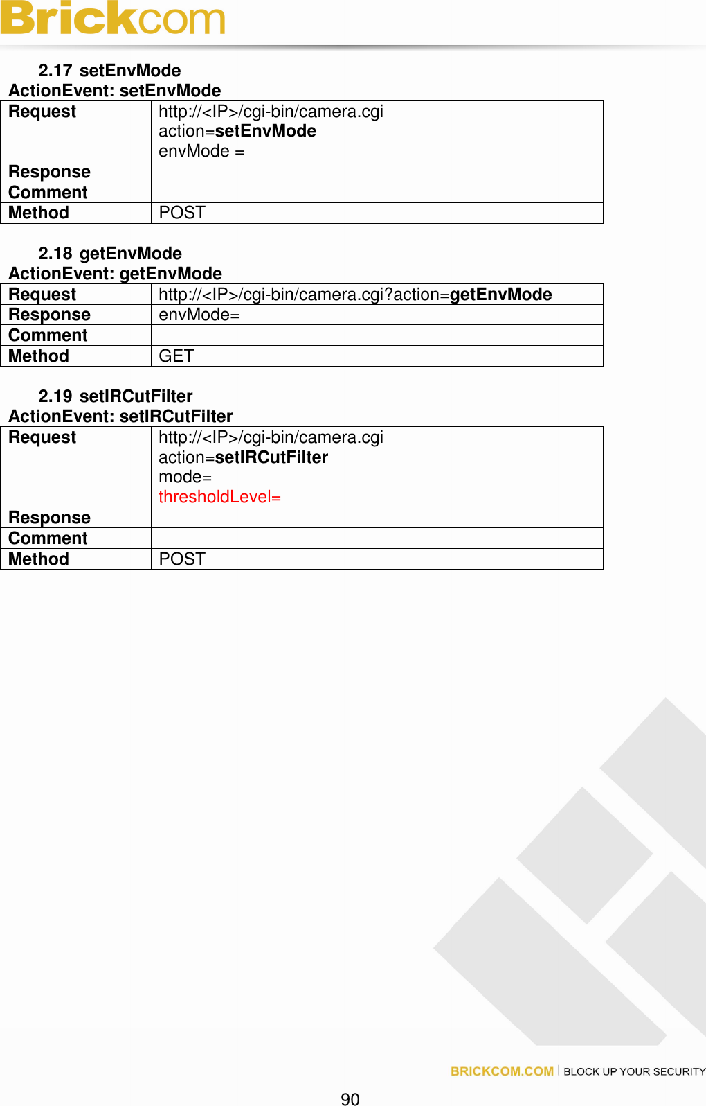 90 2.17 setEnvMode ActionEvent: setEnvMode Request http://<IP>/cgi-bin/camera.cgi action=setEnvMode envMode = Response Comment Method POST 2.18 getEnvMode ActionEvent: getEnvMode Request http://<IP>/cgi-bin/camera.cgi?action=getEnvMode Response envMode= Comment Method GET 2.19 setIRCutFilter ActionEvent: setIRCutFilter Request http://<IP>/cgi-bin/camera.cgi action=setIRCutFilter mode= thresholdLevel= Response Comment Method POST