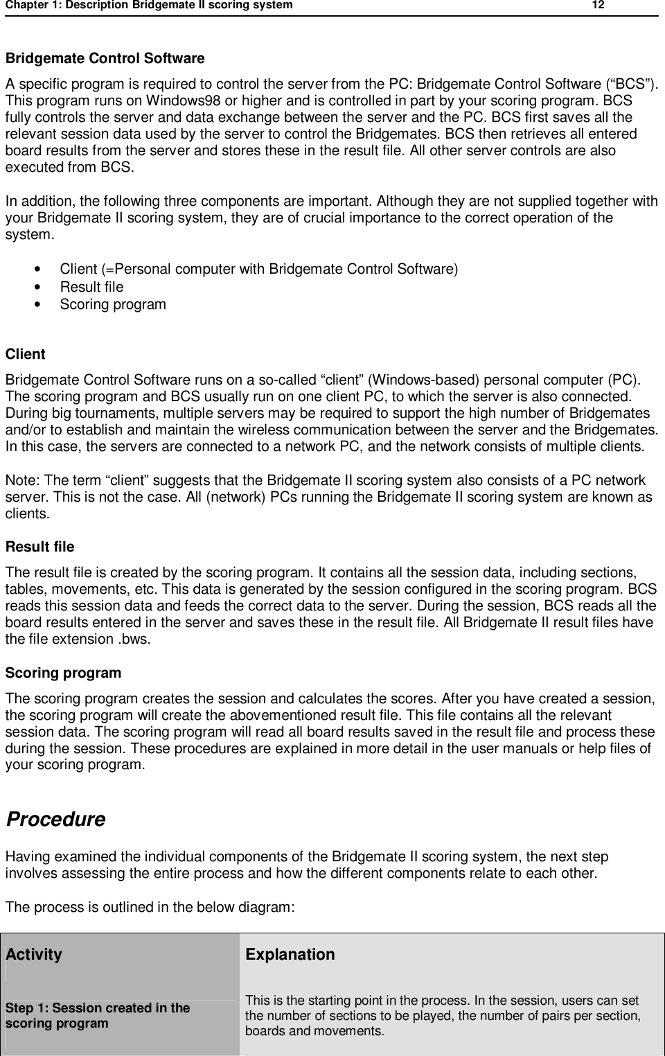Chapter 1: Description Bridgemate II scoring system           12  Bridgemate Control Software A specific program is required to control the server from the PC: Bridgemate Control Software (&ldquo;BCS&rdquo;). This program runs on Windows98 or higher and is controlled in part by your scoring program. BCS fully controls the server and data exchange between the server and the PC. BCS first saves all the relevant session data used by the server to control the Bridgemates. BCS then retrieves all entered board results from the server and stores these in the result file. All other server controls are also executed from BCS. In addition, the following three components are important. Although they are not supplied together with your Bridgemate II scoring system, they are of crucial importance to the correct operation of the system. &bull; Client (=Personal computer with Bridgemate Control Software) &bull; Result file &bull; Scoring program  Client Bridgemate Control Software runs on a so-called &ldquo;client&rdquo; (Windows-based) personal computer (PC). The scoring program and BCS usually run on one client PC, to which the server is also connected. During big tournaments, multiple servers may be required to support the high number of Bridgemates and/or to establish and maintain the wireless communication between the server and the Bridgemates. In this case, the servers are connected to a network PC, and the network consists of multiple clients. Note: The term &ldquo;client&rdquo; suggests that the Bridgemate II scoring system also consists of a PC network server. This is not the case. All (network) PCs running the Bridgemate II scoring system are known as clients. Result file The result file is created by the scoring program. It contains all the session data, including sections, tables, movements, etc. This data is generated by the session configured in the scoring program. BCS reads this session data and feeds the correct data to the server. During the session, BCS reads all the board results entered in the server and saves these in the result file. All Bridgemate II result files have the file extension .bws. Scoring program The scoring program creates the session and calculates the scores. After you have created a session, the scoring program will create the abovementioned result file. This file contains all the relevant session data. The scoring program will read all board results saved in the result file and process these during the session. These procedures are explained in more detail in the user manuals or help files of your scoring program. Procedure  Having examined the individual components of the Bridgemate II scoring system, the next step involves assessing the entire process and how the different components relate to each other. The process is outlined in the below diagram: Activity  Explanation Step 1: Session created in the scoring program This is the starting point in the process. In the session, users can set the number of sections to be played, the number of pairs per section, boards and movements. 