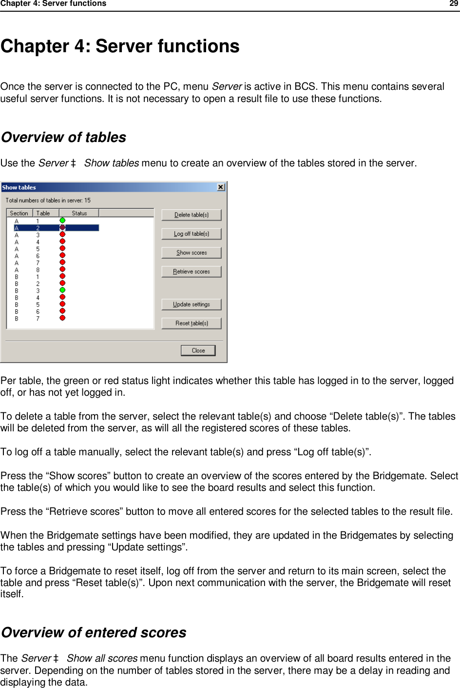Chapter 4: Server functions              29  Chapter 4: Server functions Once the server is connected to the PC, menu Server is active in BCS. This menu contains several useful server functions. It is not necessary to open a result file to use these functions. Overview of tables Use the Server &agrave; Show tables menu to create an overview of the tables stored in the server.   Per table, the green or red status light indicates whether this table has logged in to the server, logged off, or has not yet logged in.  To delete a table from the server, select the relevant table(s) and choose &ldquo;Delete table(s)&rdquo;. The tables will be deleted from the server, as will all the registered scores of these tables. To log off a table manually, select the relevant table(s) and press &ldquo;Log off table(s)&rdquo;. Press the &ldquo;Show scores&rdquo; button to create an overview of the scores entered by the Bridgemate. Select the table(s) of which you would like to see the board results and select this function. Press the &ldquo;Retrieve scores&rdquo; button to move all entered scores for the selected tables to the result file. When the Bridgemate settings have been modified, they are updated in the Bridgemates by selecting the tables and pressing &ldquo;Update settings&rdquo;. To force a Bridgemate to reset itself, log off from the server and return to its main screen, select the table and press &ldquo;Reset table(s)&rdquo;. Upon next communication with the server, the Bridgemate will reset itself. Overview of entered scores The Server &agrave; Show all scores menu function displays an overview of all board results entered in the server. Depending on the number of tables stored in the server, there may be a delay in reading and displaying the data. 