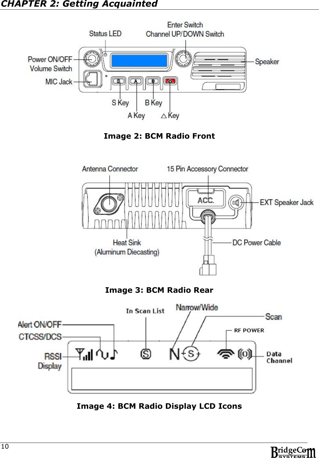  10CHAPTER 2: Getting Acquainted   Image 2: BCM Radio Front     Image 3: BCM Radio Rear   Image 4: BCM Radio Display LCD Icons 