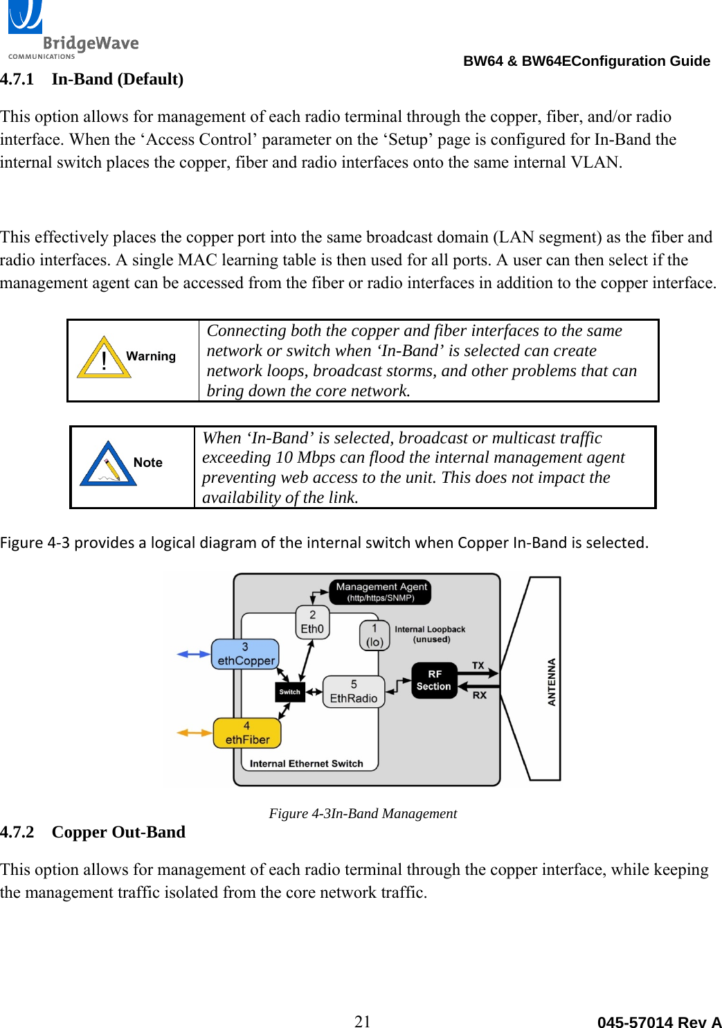                                                                                BW64 &amp; BW64EConfiguration Guide 21  045-57014 Rev A4.7.1 In-Band (Default) This option allows for management of each radio terminal through the copper, fiber, and/or radio interface. When the &lsquo;Access Control&rsquo; parameter on the &lsquo;Setup&rsquo; page is configured for In-Band the internal switch places the copper, fiber and radio interfaces onto the same internal VLAN.   This effectively places the copper port into the same broadcast domain (LAN segment) as the fiber and radio interfaces. A single MAC learning table is then used for all ports. A user can then select if the management agent can be accessed from the fiber or radio interfaces in addition to the copper interface.   Connecting both the copper and fiber interfaces to the same network or switch when &lsquo;In-Band&rsquo; is selected can create network loops, broadcast storms, and other problems that can bring down the core network.    When &lsquo;In-Band&rsquo; is selected, broadcast or multicast traffic exceeding 10 Mbps can flood the internal management agent preventing web access to the unit. This does not impact the availability of the link.  Figure4‐3providesalogicaldiagramoftheinternalswitchwhenCopperIn‐Bandisselected.Figure 4-3In-Band Management 4.7.2 Copper Out-Band This option allows for management of each radio terminal through the copper interface, while keeping the management traffic isolated from the core network traffic.   