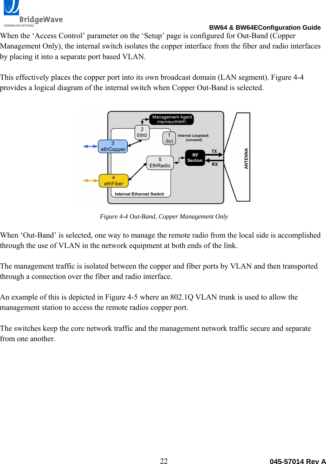                                                                                BW64 &amp; BW64EConfiguration Guide 22  045-57014 Rev AWhen the &lsquo;Access Control&rsquo; parameter on the &lsquo;Setup&rsquo; page is configured for Out-Band (Copper Management Only), the internal switch isolates the copper interface from the fiber and radio interfaces by placing it into a separate port based VLAN.   This effectively places the copper port into its own broadcast domain (LAN segment). Figure 4-4 provides a logical diagram of the internal switch when Copper Out-Band is selected.   Figure 4-4 Out-Band, Copper Management Only  When &lsquo;Out-Band&rsquo; is selected, one way to manage the remote radio from the local side is accomplished through the use of VLAN in the network equipment at both ends of the link.   The management traffic is isolated between the copper and fiber ports by VLAN and then transported through a connection over the fiber and radio interface.   An example of this is depicted in Figure 4-5 where an 802.1Q VLAN trunk is used to allow the management station to access the remote radios copper port.   The switches keep the core network traffic and the management network traffic secure and separate from one another.  