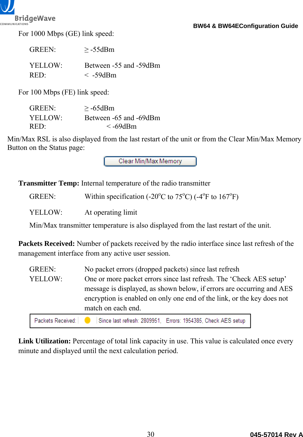                                                                                BW64 &amp; BW64EConfiguration Guide 30  045-57014 Rev AFor 1000 Mbps (GE) link speed:  GREEN:      &ge; -55dBm YELLOW:  Between -55 and -59dBm RED:     <  -59dBm For 100 Mbps (FE) link speed:   GREEN:     &ge; -65dBm YELLOW:  Between -65 and -69dBm RED:   < -69dBm Min/Max RSL is also displayed from the last restart of the unit or from the Clear Min/Max Memory Button on the Status page:  Transmitter Temp: Internal temperature of the radio transmitter GREEN:   Within specification (-20oC to 75oC) (-4oF to 167oF) YELLOW:  At operating limit Min/Max transmitter temperature is also displayed from the last restart of the unit.  Packets Received: Number of packets received by the radio interface since last refresh of the management interface from any active user session. GREEN:    No packet errors (dropped packets) since last refresh YELLOW:  One or more packet errors since last refresh. The &lsquo;Check AES setup&rsquo; message is displayed, as shown below, if errors are occurring and AES encryption is enabled on only one end of the link, or the key does not match on each end.  Link Utilization: Percentage of total link capacity in use. This value is calculated once every minute and displayed until the next calculation period.        