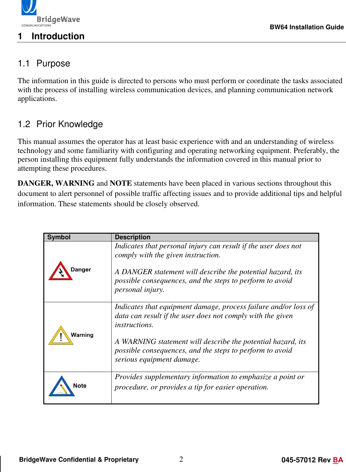                                                                                                        BW64 Installation Guide 2 045-57012 Rev BA BridgeWave Confidential &amp; Proprietary 1  Introduction 1.1  Purpose The information in this guide is directed to persons who must perform or coordinate the tasks associated with the process of installing wireless communication devices, and planning communication network applications. 1.2  Prior Knowledge This manual assumes the operator has at least basic experience with and an understanding of wireless technology and some familiarity with configuring and operating networking equipment. Preferably, the person installing this equipment fully understands the information covered in this manual prior to attempting these procedures. DANGER, WARNING and NOTE statements have been placed in various sections throughout this document to alert personnel of possible traffic affecting issues and to provide additional tips and helpful information. These statements should be closely observed.   Symbol Description  Indicates that personal injury can result if the user does not comply with the given instruction.  A DANGER statement will describe the potential hazard, its possible consequences, and the steps to perform to avoid personal injury.  Indicates that equipment damage, process failure and/or loss of data can result if the user does not comply with the given instructions.  A WARNING statement will describe the potential hazard, its possible consequences, and the steps to perform to avoid serious equipment damage.  Provides supplementary information to emphasize a point or procedure, or provides a tip for easier operation.  