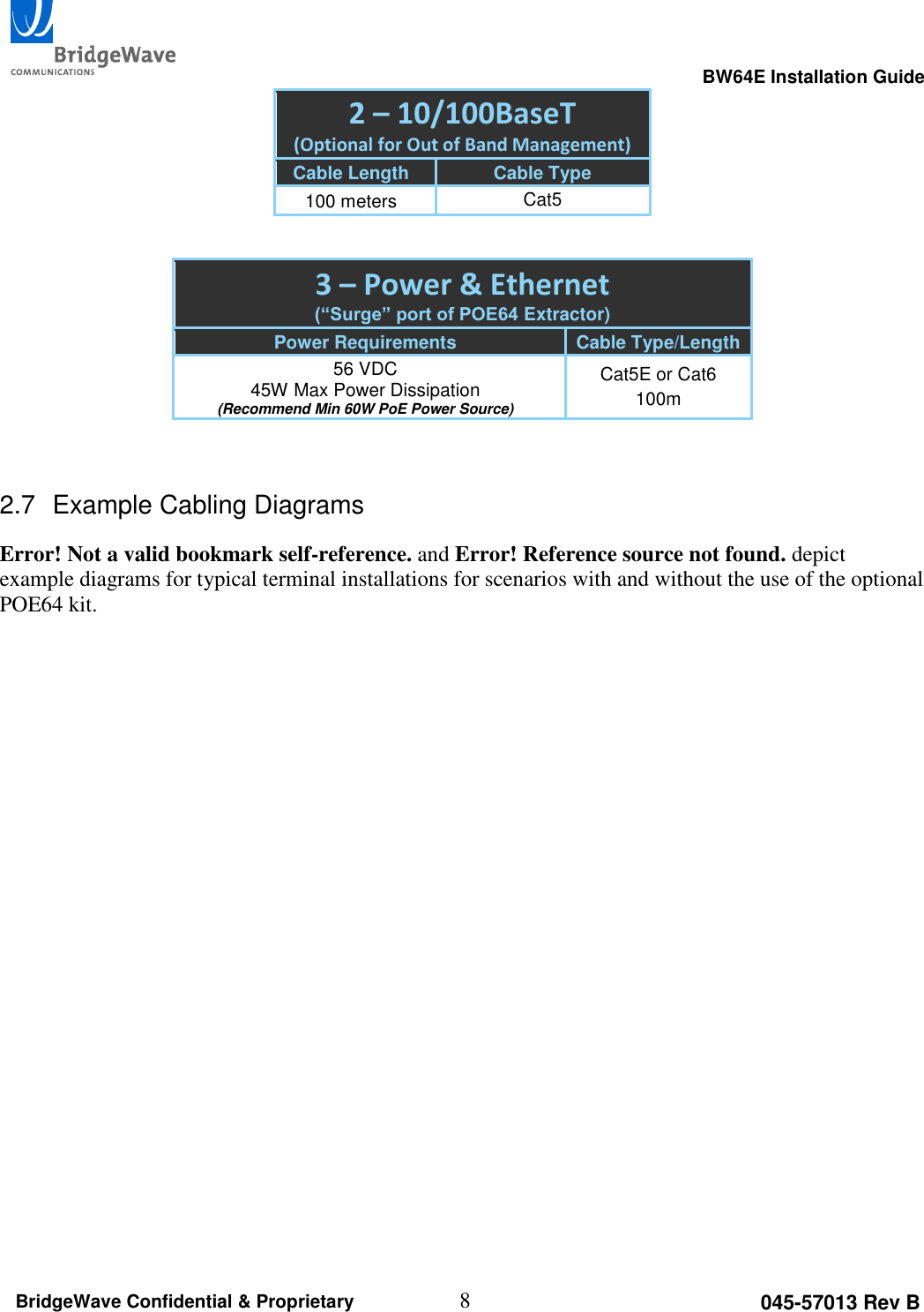                                                                                                      BW64E Installation Guide  8 045-57013 Rev B BridgeWave Confidential &amp; Proprietary 2 &ndash; 10/100BaseT  (Optional for Out of Band Management) Cable Length Cable Type 100 meters Cat5  3 &ndash; Power &amp; Ethernet (&ldquo;Surge&rdquo; port of POE64 Extractor) Power Requirements Cable Type/Length 56 VDC 45W Max Power Dissipation (Recommend Min 60W PoE Power Source) Cat5E or Cat6 100m  2.7  Example Cabling Diagrams Error! Not a valid bookmark self-reference. and Error! Reference source not found. depict example diagrams for typical terminal installations for scenarios with and without the use of the optional POE64 kit.  