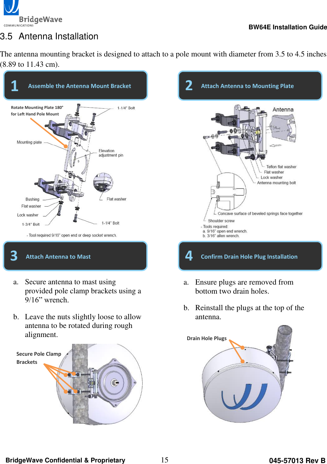                                                                                                      BW64E Installation Guide  15 045-57013 Rev B BridgeWave Confidential &amp; Proprietary 3.5  Antenna Installation The antenna mounting bracket is designed to attach to a pole mount with diameter from 3.5 to 4.5 inches (8.89 to 11.43 cm).                     3 2 1 Assemble the Antenna Mount Bracket Attach Antenna to Mounting Plate Attach Antenna to Mast a. Ensure plugs are removed from bottom two drain holes. b. Reinstall the plugs at the top of the antenna. Rotate Mounting Plate 180&deg; for Left Hand Pole Mount 4 Confirm Drain Hole Plug Installation a. Secure antenna to mast using provided pole clamp brackets using a 9/16&rdquo; wrench. b. Leave the nuts slightly loose to allow antenna to be rotated during rough alignment. Drain Hole Plugs Secure Pole Clamp Brackets 