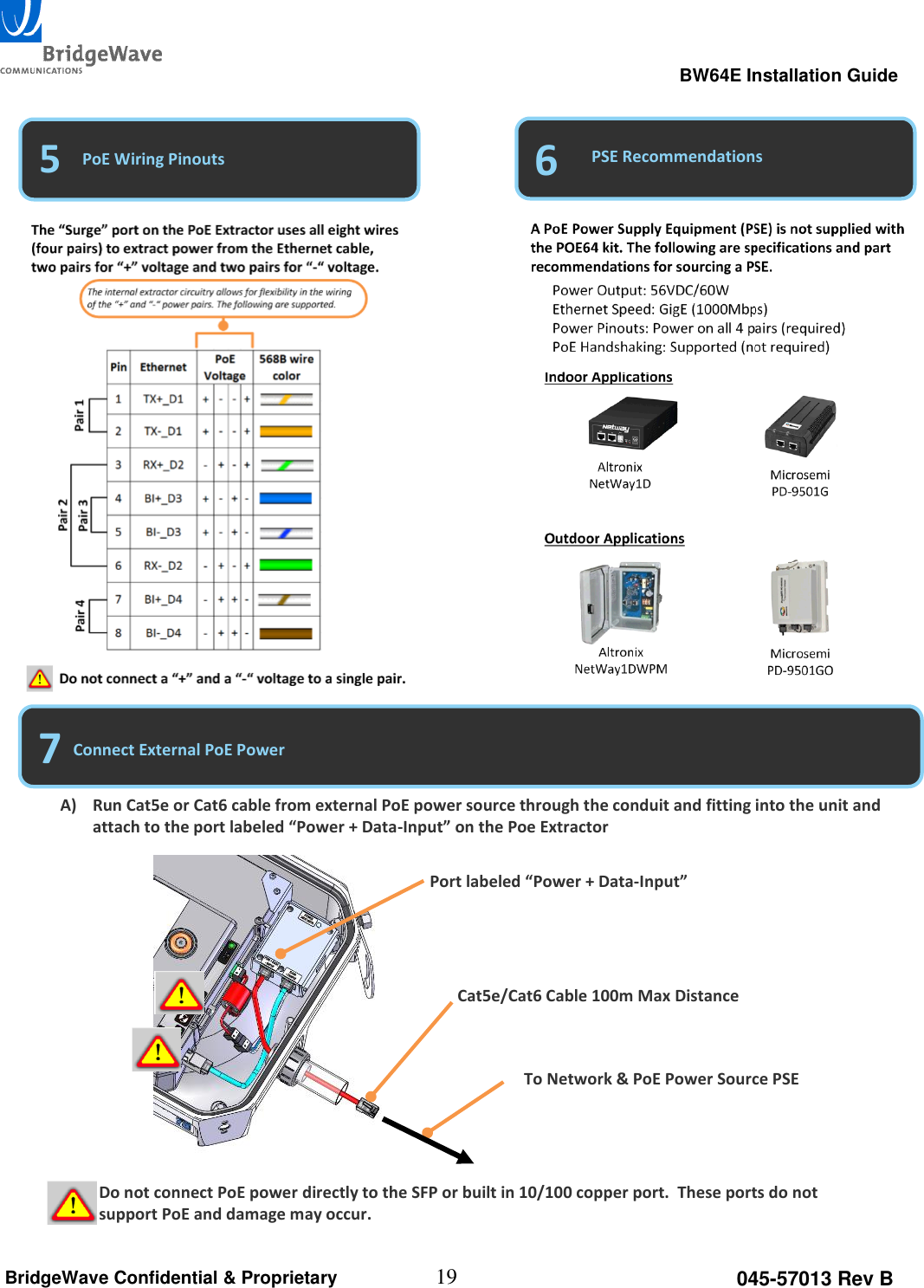                                                                                                      BW64E Installation Guide  19 045-57013 Rev B BridgeWave Confidential &amp; Proprietary                                                       5 6 PoE Wiring Pinouts PSE Recommendations 7 Connect External PoE Power A) Run Cat5e or Cat6 cable from external PoE power source through the conduit and fitting into the unit and attach to the port labeled &ldquo;Power + Data-Input&rdquo; on the Poe Extractor Port labeled &ldquo;Power + Data-Input&rdquo; Cat5e/Cat6 Cable 100m Max Distance To Network &amp; PoE Power Source PSE Do not connect PoE power directly to the SFP or built in 10/100 copper port.  These ports do not support PoE and damage may occur.    