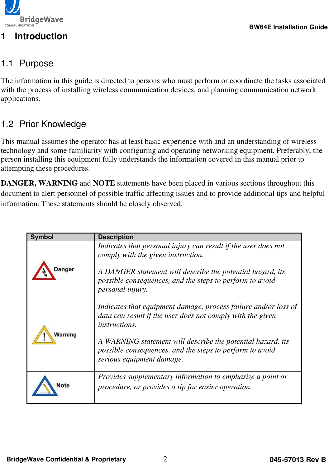                                                                                                      BW64E Installation Guide  2 045-57013 Rev B BridgeWave Confidential &amp; Proprietary 1  Introduction 1.1  Purpose The information in this guide is directed to persons who must perform or coordinate the tasks associated with the process of installing wireless communication devices, and planning communication network applications. 1.2  Prior Knowledge This manual assumes the operator has at least basic experience with and an understanding of wireless technology and some familiarity with configuring and operating networking equipment. Preferably, the person installing this equipment fully understands the information covered in this manual prior to attempting these procedures. DANGER, WARNING and NOTE statements have been placed in various sections throughout this document to alert personnel of possible traffic affecting issues and to provide additional tips and helpful information. These statements should be closely observed.   Symbol Description  Indicates that personal injury can result if the user does not comply with the given instruction.  A DANGER statement will describe the potential hazard, its possible consequences, and the steps to perform to avoid personal injury.  Indicates that equipment damage, process failure and/or loss of data can result if the user does not comply with the given instructions.  A WARNING statement will describe the potential hazard, its possible consequences, and the steps to perform to avoid serious equipment damage.  Provides supplementary information to emphasize a point or procedure, or provides a tip for easier operation.  