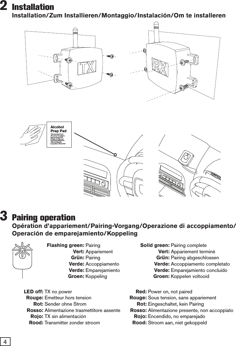 43   Pairing  operation Op&eacute;ration d&rsquo;appariement/Pairing-Vorgang/Operazione di accoppiamento/ Operaci&oacute;n de emparejamiento/Koppeling2  Installation Installation/Zum Installieren/Montaggio/Instalaci&oacute;n/Om te installerenFlashing green: PairingVert: AppariementGr&uuml;n: PairingVerde: AccoppiamentoVerde: EmparejamientoGroen: KoppelingSolid green: Pairing completeVert: Appariement termin&eacute;Gr&uuml;n: Pairing abgeschlossenVerde: Accoppiamento completatoVerde: Emparejamiento concluidoGroen: Koppelen voltooidRed: Power on, not pairedRouge: Sous tension, sans appariementRot: Eingeschaltet, kein PairingRosso: Alimentazione presente, non accoppiatoRojo: Encendido, no emparejadoRood: Stroom aan, niet gekoppeldLED off: TX no powerRouge: Emetteur hors tensionRot: Sender ohne StromRosso: Alimentazione trasmettitore assenteRojo: TX sin alimentaci&oacute;nRood: Transmitter zonder stroomAlcoholPrep Pad70% Isopropyl AlcoholAlcohol DoekjesIsopropyl Alcohol70%Pr&egrave;ps D&rsquo;AlcoolAlcool Isopropilique70%AlkoholtupferIsopropilische Alkohol70%