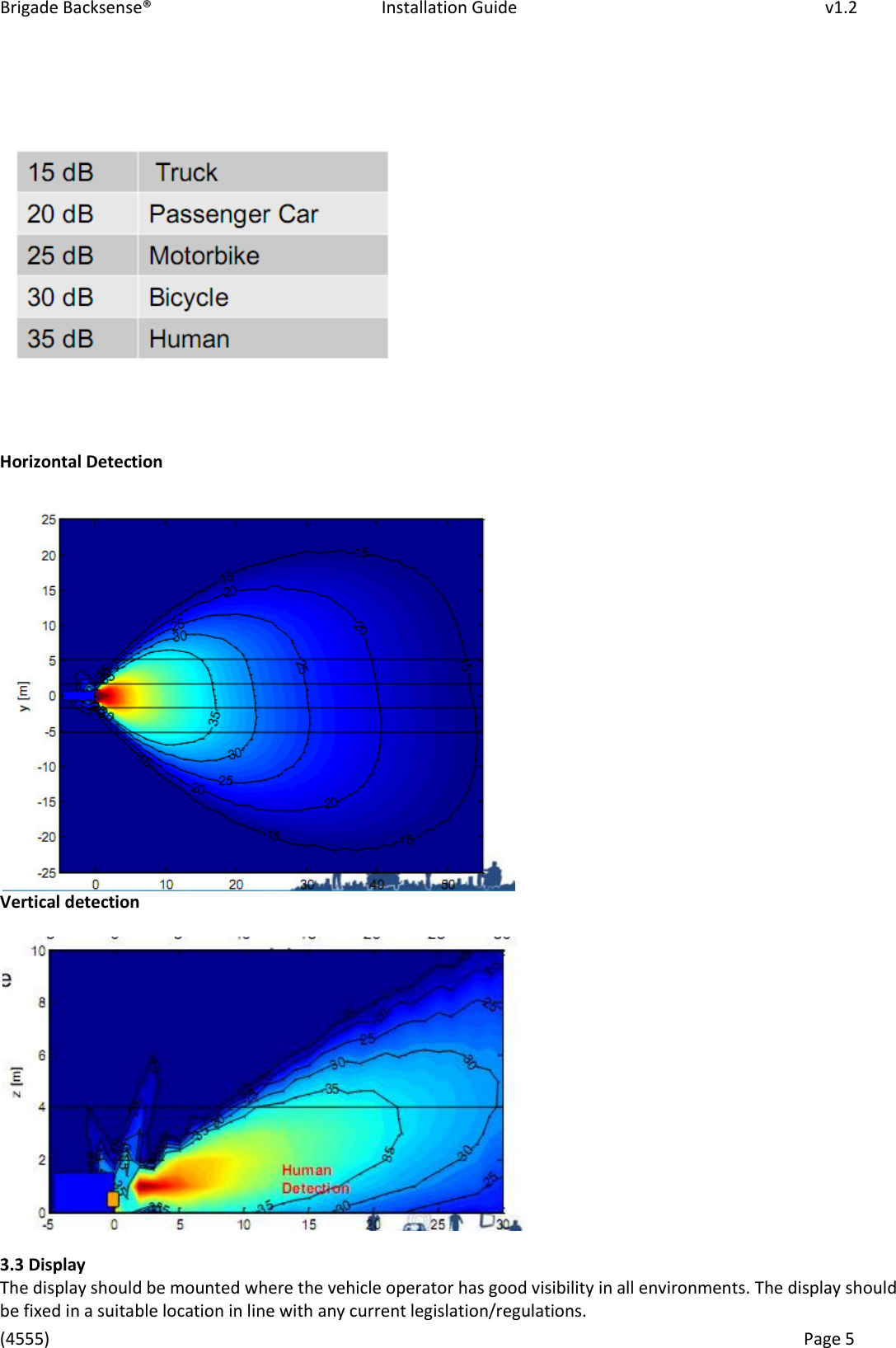 Brigade Backsense®   Installation Guide         v1.2 (4555)      Page 5     Horizontal Detection   Vertical detection    3.3 Display The display should be mounted where the vehicle operator has good visibility in all environments. The display should be fixed in a suitable location in line with any current legislation/regulations.  