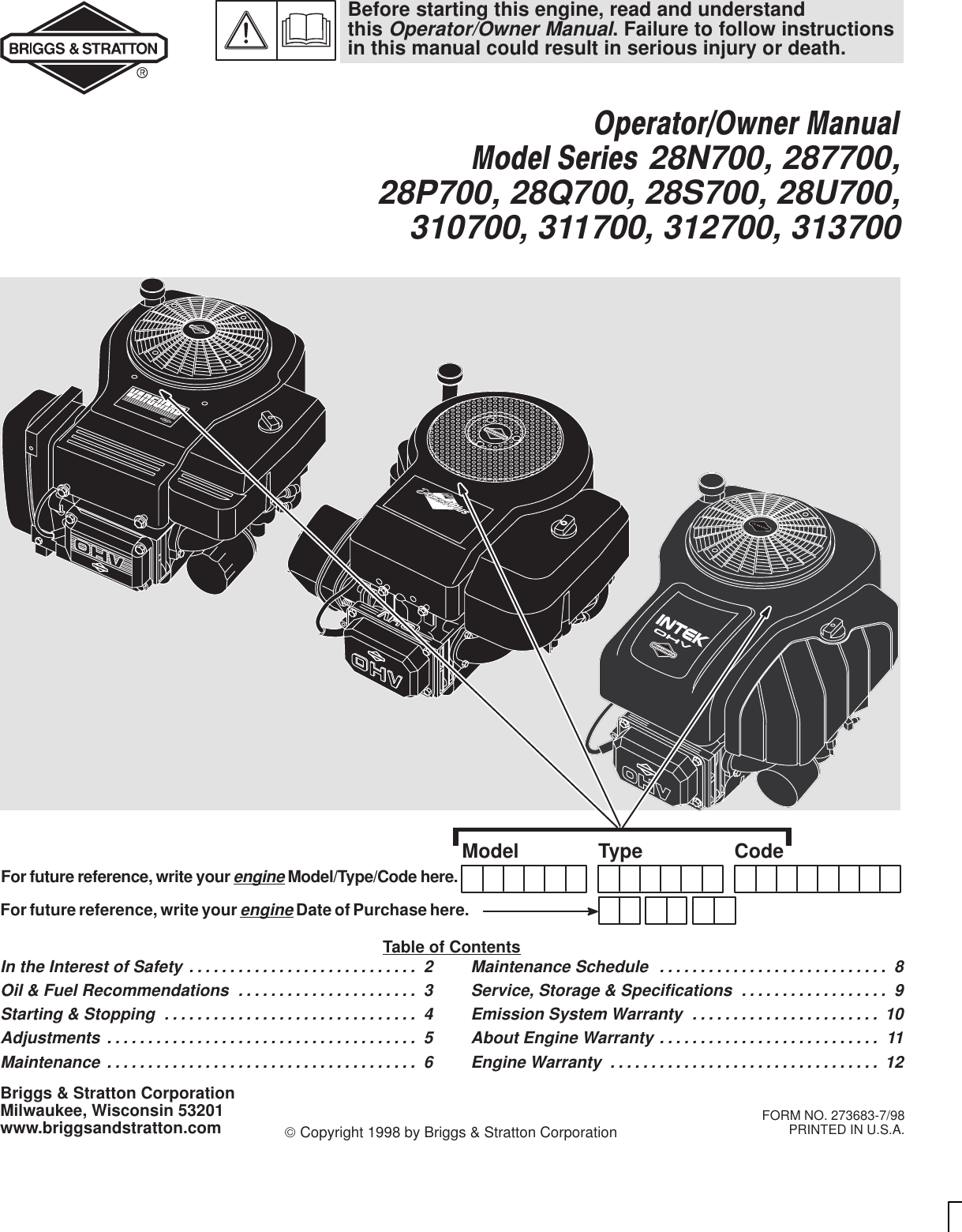 Page 1 of 12 - Briggs-And-Stratton Briggs-And-Stratton-287700-Users-Manual- 683v28,31  Briggs-and-stratton-287700-users-manual