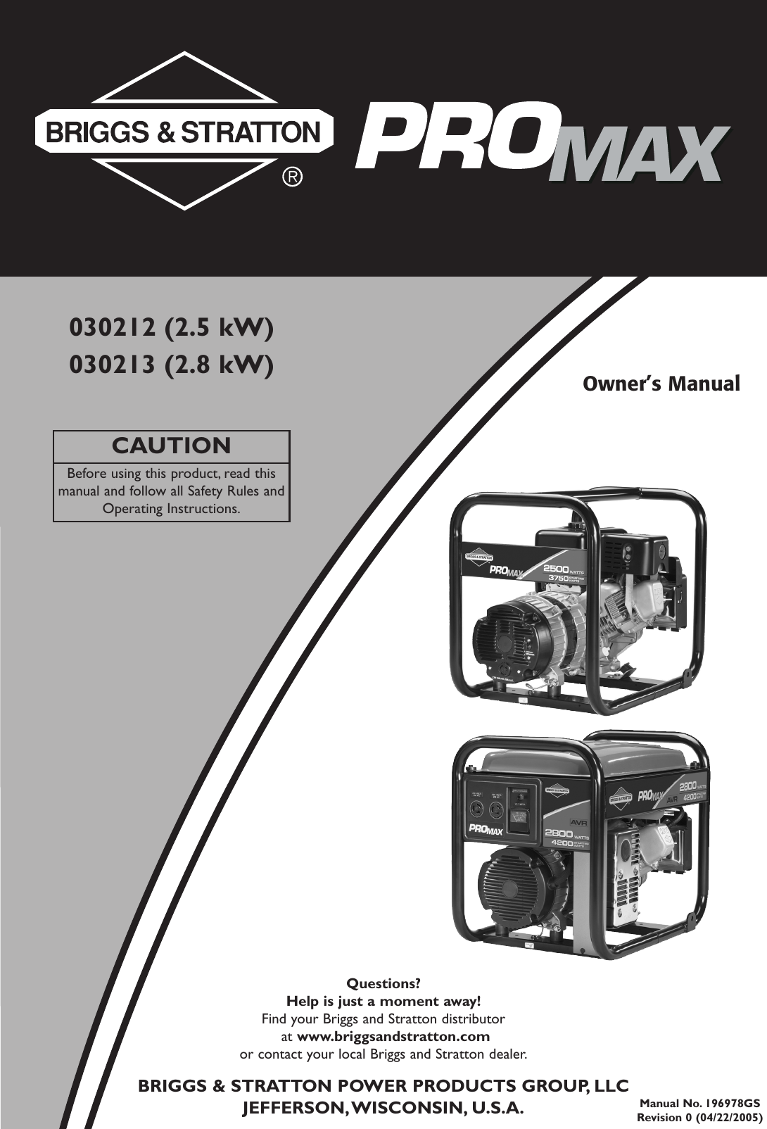 Briggs And Stratton 30212 Users Manual 030212'213_0en