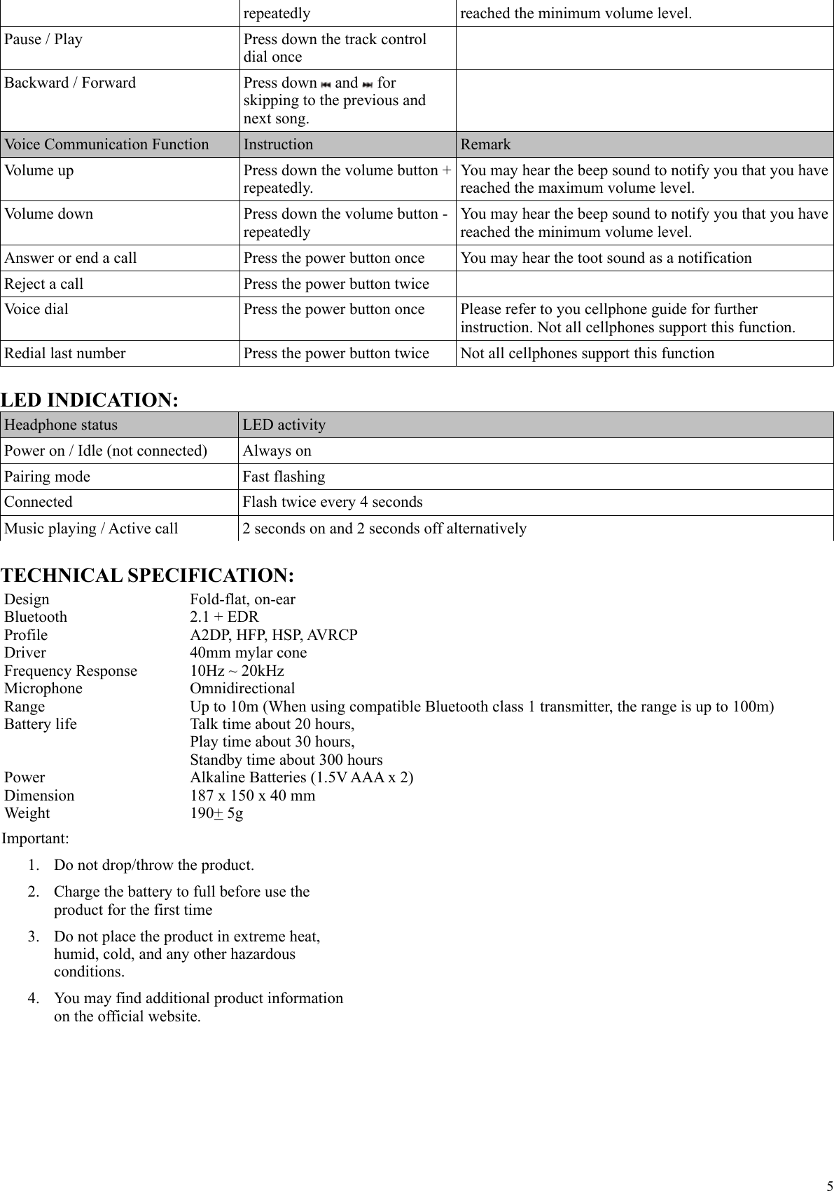 repeatedly reached the minimum volume level.Pause / Play Press down the track control dial onceBackward / Forward  Press down   and   for skipping to the previous and next song.Voice Communication Function  Instruction RemarkVolume up Press down the volume button + repeatedly.You may hear the beep sound to notify you that you have reached the maximum volume level.Volume down Press down the volume button - repeatedlyYou may hear the beep sound to notify you that you have reached the minimum volume level.Answer or end a call Press the power button once You may hear the toot sound as a notificationReject a call Press the power button twiceVoice dial Press the power button once Please refer to you cellphone guide for further instruction. Not all cellphones support this function.Redial last number Press the power button twice Not all cellphones support this functionLED INDICATION:Headphone status LED activityPower on / Idle (not connected) Always onPairing mode Fast flashingConnected Flash twice every 4 secondsMusic playing / Active call 2 seconds on and 2 seconds off alternativelyTECHNICAL SPECIFICATION:DesignBluetoothProfileDriverFrequency ResponseMicrophoneRangeBattery lifePowerDimensionWeightFold-flat, on-ear2.1 + EDRA2DP, HFP, HSP, AVRCP40mm mylar cone10Hz ~ 20kHzOmnidirectionalUp to 10m (When using compatible Bluetooth class 1 transmitter, the range is up to 100m)Talk time about 20 hours, Play time about 30 hours, Standby time about 300 hoursAlkaline Batteries (1.5V AAA x 2)187 x 150 x 40 mm190+ 5g5Important:1. Do not drop/throw the product.2. Charge the battery to full before use the product for the first time3. Do not place the product in extreme heat, humid, cold, and any other hazardous conditions.4. You may find additional product information on the official website.