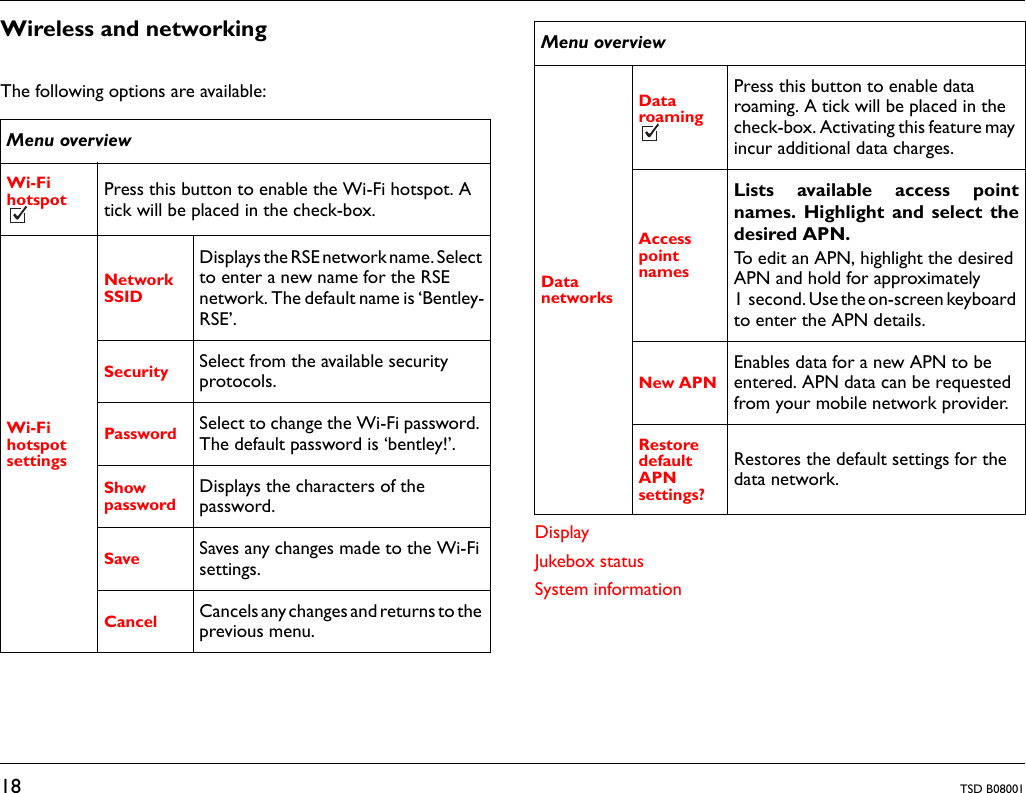 18 TSD B08001Wireless and networkingThe following options are available:DisplayJukebox statusSystem informationMenu overviewWi-Fi hotspot Press this button to enable the Wi-Fi hotspot. A tick will be placed in the check-box.Wi-Fi hotspot settings Network SSID Displays the RSE network name. Select to enter a new name for the RSE network. The default name is &lsquo;Bentley-RSE&rsquo;.Security Select from the available security protocols.Password Select to change the Wi-Fi password. The default password is &lsquo;bentley!&rsquo;.Show password Displays the characters of the password.Save Saves any changes made to the Wi-Fi settings.Cancel Cancels any changes and returns to the previous menu.Data networks Data roaming Press this button to enable data roaming. A tick will be placed in the check-box. Activating this feature may incur additional data charges.Access point names Lists available access pointnames. Highlight and select thedesired APN.To edit an APN, highlight the desired APN and hold for approximately 1 second. Use the on-screen keyboard to enter the APN details.New APN Enables data for a new APN to be entered. APN data can be requested from your mobile network provider.Restore default APN settings? Restores the default settings for the data network.Menu overview