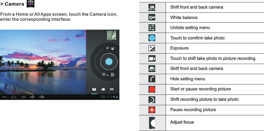 &gt; CameraFrom a Home or All Apps screen, touch the Camera icon, enter the corresponding interface. Shift front and back cameraWhite balanceUnhide setting menuTouch to comfirm take photoExposureTouch to shift take photo to picture recordingShift front and back cameraHide setting menuStart or pause recording pictureShift recording picture to take photoPause recording pictureAdjust focusGetting Started16 END7015