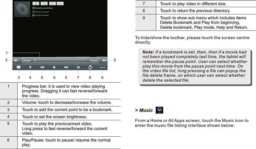 7Touch to play video in different size.8Touch to return the previous directory.9Touch to show sub menu which includes items Delete Bookmark and Play from beginning, Delete bookmark, Play mode, Help and Return.To hide/show the toolbar, please touch the screen centre directly.Note: If a bookmark is set, then, then if a movie had not been played completely last time, the tablet will remember the pause point. User can select whether play this movie from the pause point next time. On the video file list, long pressing a file can popup the file delete frame, on which user can select whether delete the selected file. &gt; MusicFrom a Home or All Apps screen, touch the Music icon to enter the music file listing interface shown below:1Progress bar: it is used to view video playing progress. Dragging it can fast reverse/forward the video.2Volume: touch to decrease/increase the volume.3Touch to add the current point to be a bookmark.45Touch to set the screen brightness.Touch to play the previous/next video.Long press to fast reverse/forward the current video.6Play/play.Pause: touch to pause/ resume the normal 98762541325M7088Getting Started12 EN