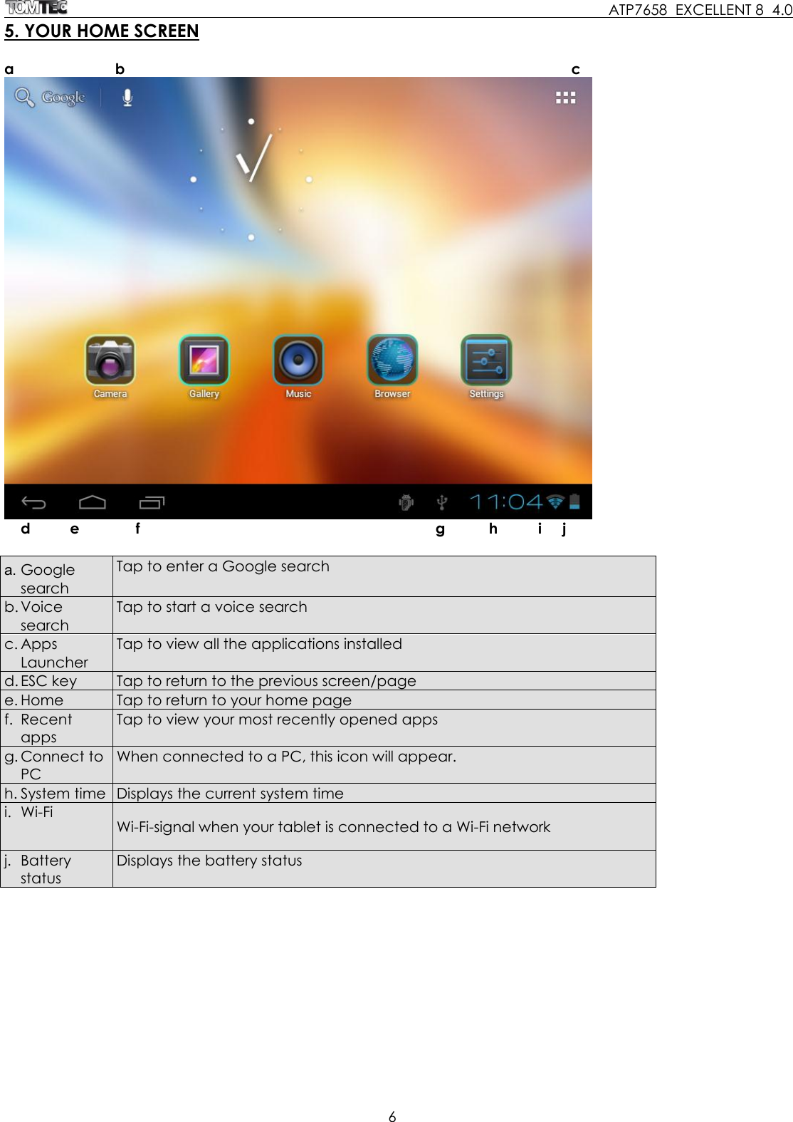     ATP7658  EXCELLENT 8  4.0 6  5. YOUR HOME SCREEN  a              b                        c        d          e           f                                             g          h         i     j  a. Google search Tap to enter a Google search b. Voice search Tap to start a voice search c. Apps Launcher Tap to view all the applications installed d. ESC key Tap to return to the previous screen/page  e. Home Tap to return to your home page f. Recent apps Tap to view your most recently opened apps g. Connect to PC  When connected to a PC, this icon will appear.  h. System time  Displays the current system time i. Wi-Fi Wi-Fi-signal when your tablet is connected to a Wi-Fi network  j. Battery status Displays the battery status  