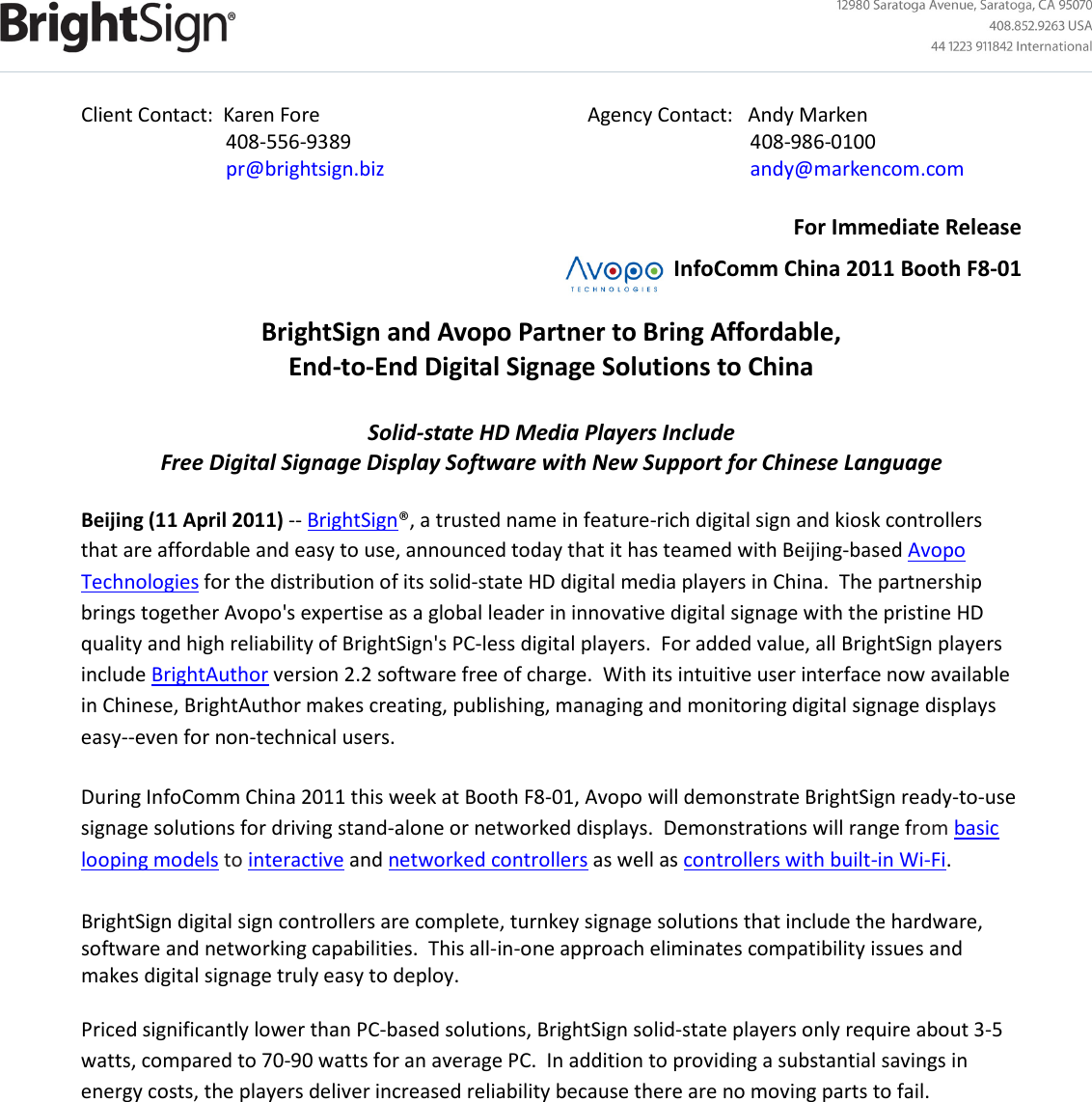 Page 1 of 3 - Bright Sign And Avopo Partner To Bring Affordable, End-to-End Digital Signage Solutions China