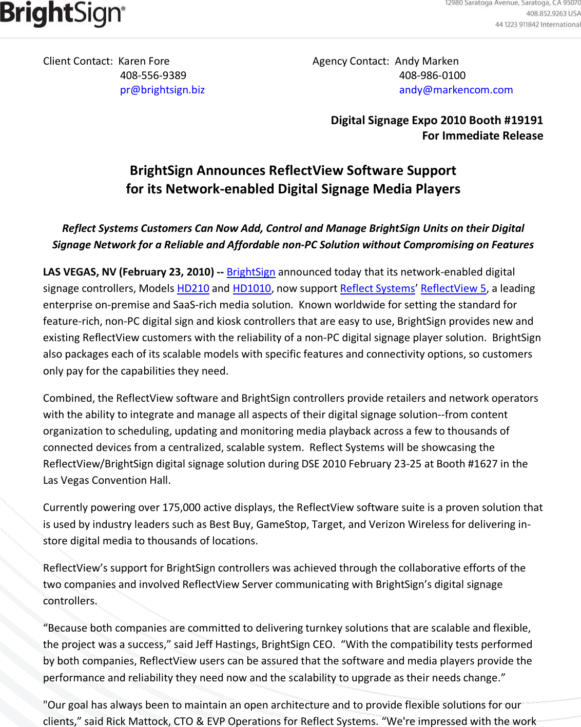 Page 1 of 3 - Client Contact  Bright Sign Announces Reflect View Software Support For Its Network-enabled Digital Signage Media Players